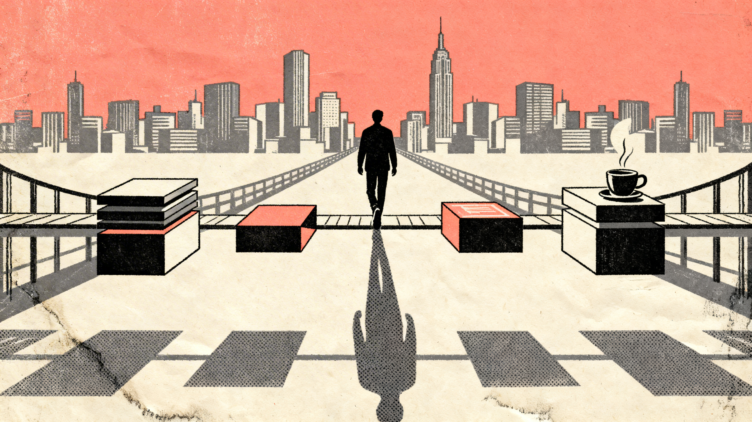 A silhouette walking across a bridge made of floating geometric shapes representing different tech s