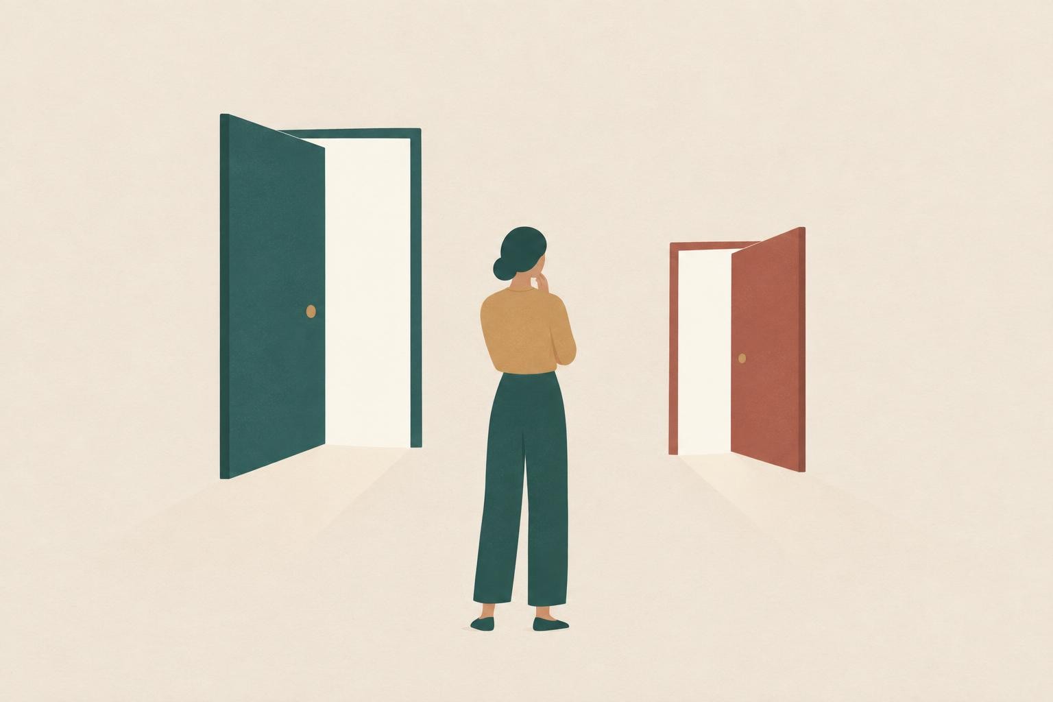 A stylized figure standing before two simple open doors of different sizes, one slightly larger repr