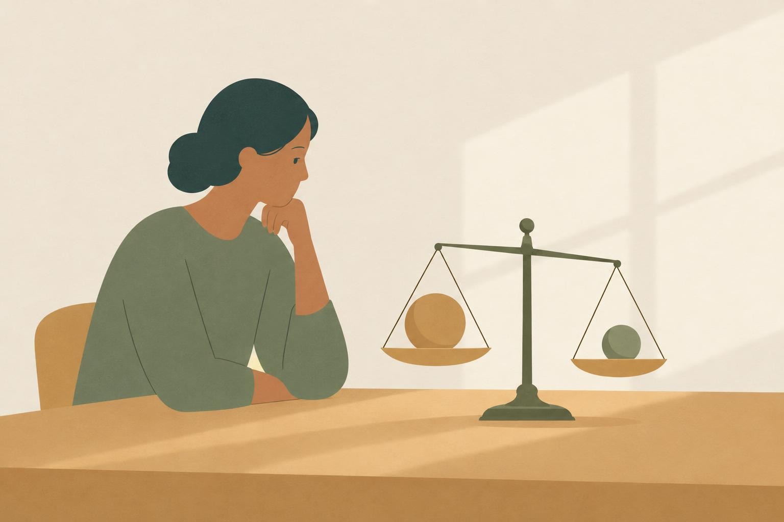A simple balanced scale holding two rounded objects of different sizes on each side, soft window lig