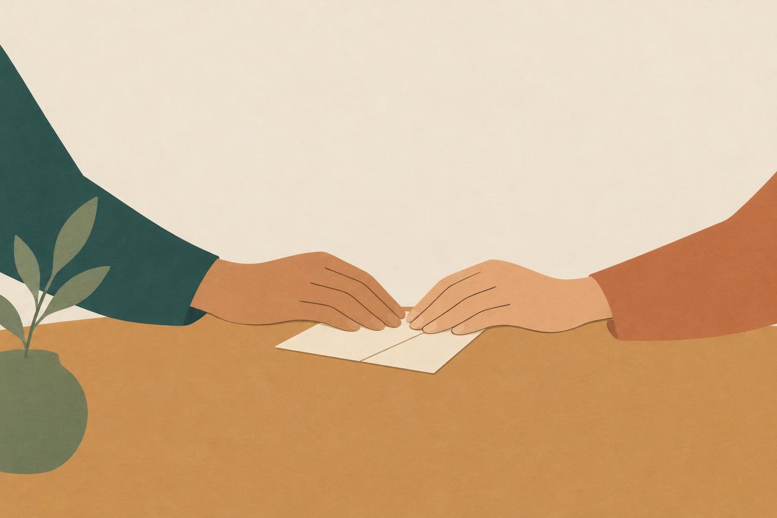 Two simple stylized hands meeting gently over a small folded paper on a warm table, atmosphere of qu
