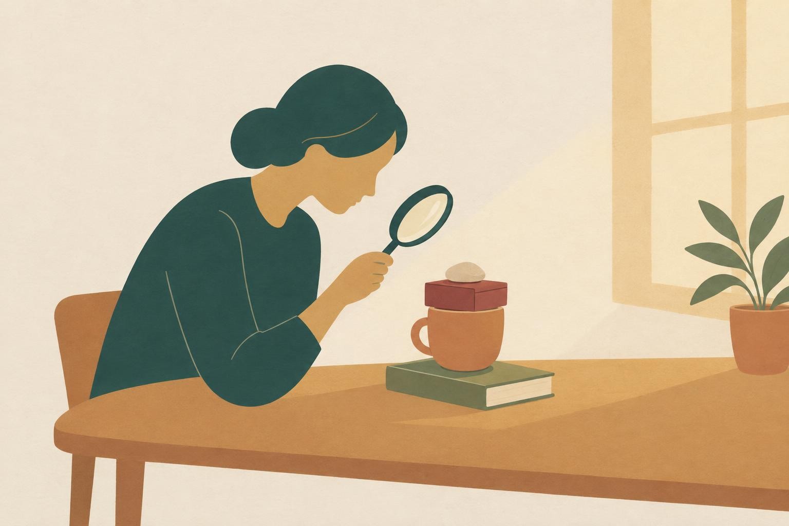 A simple silhouette holding a magnifying glass over a small stack of everyday objects on a table, wa