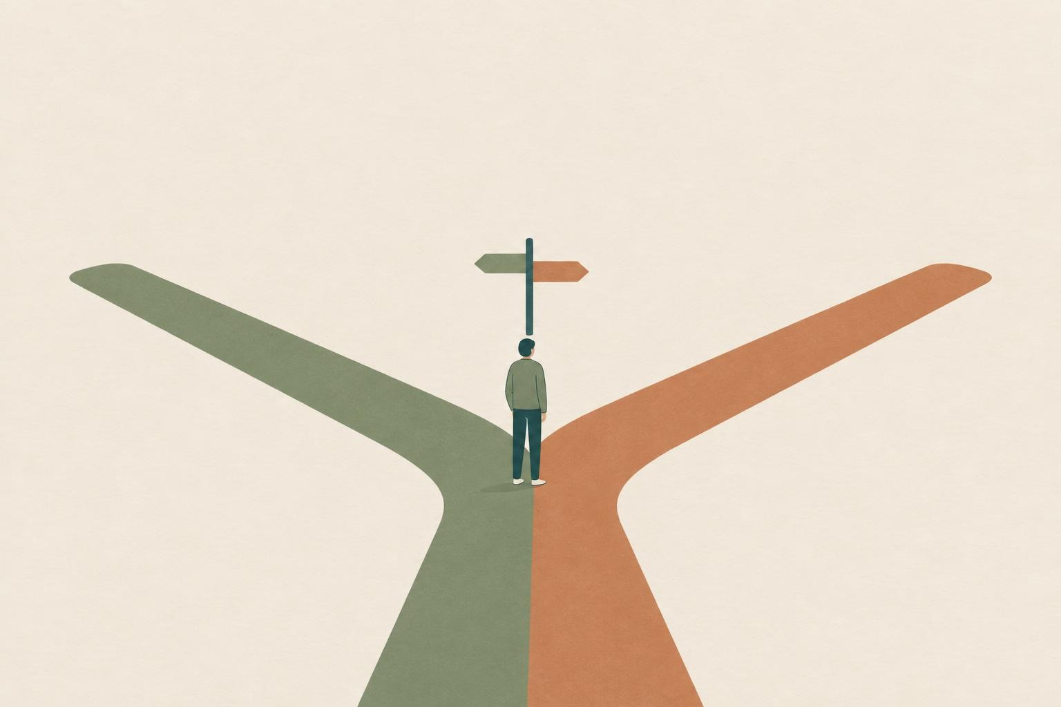 Two simple paths made of soft rectangles diverging on a flat surface with one small figure standing 