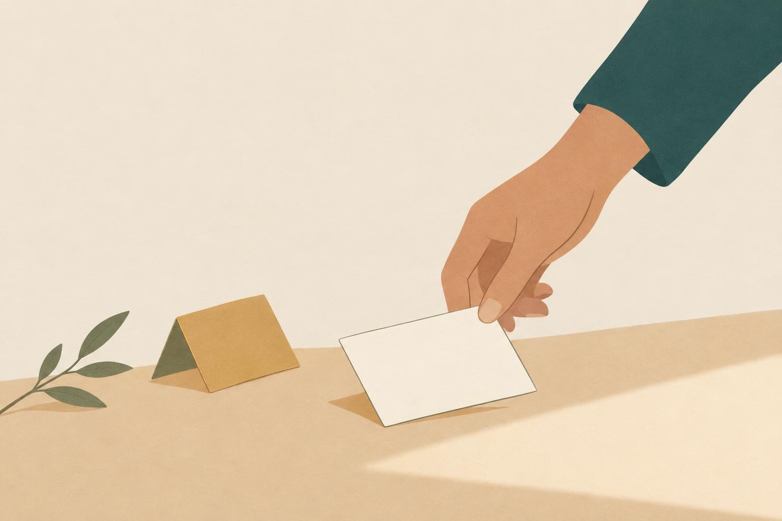One simple hand placing a card-shaped paper gently onto a warm surface next to a small folded object