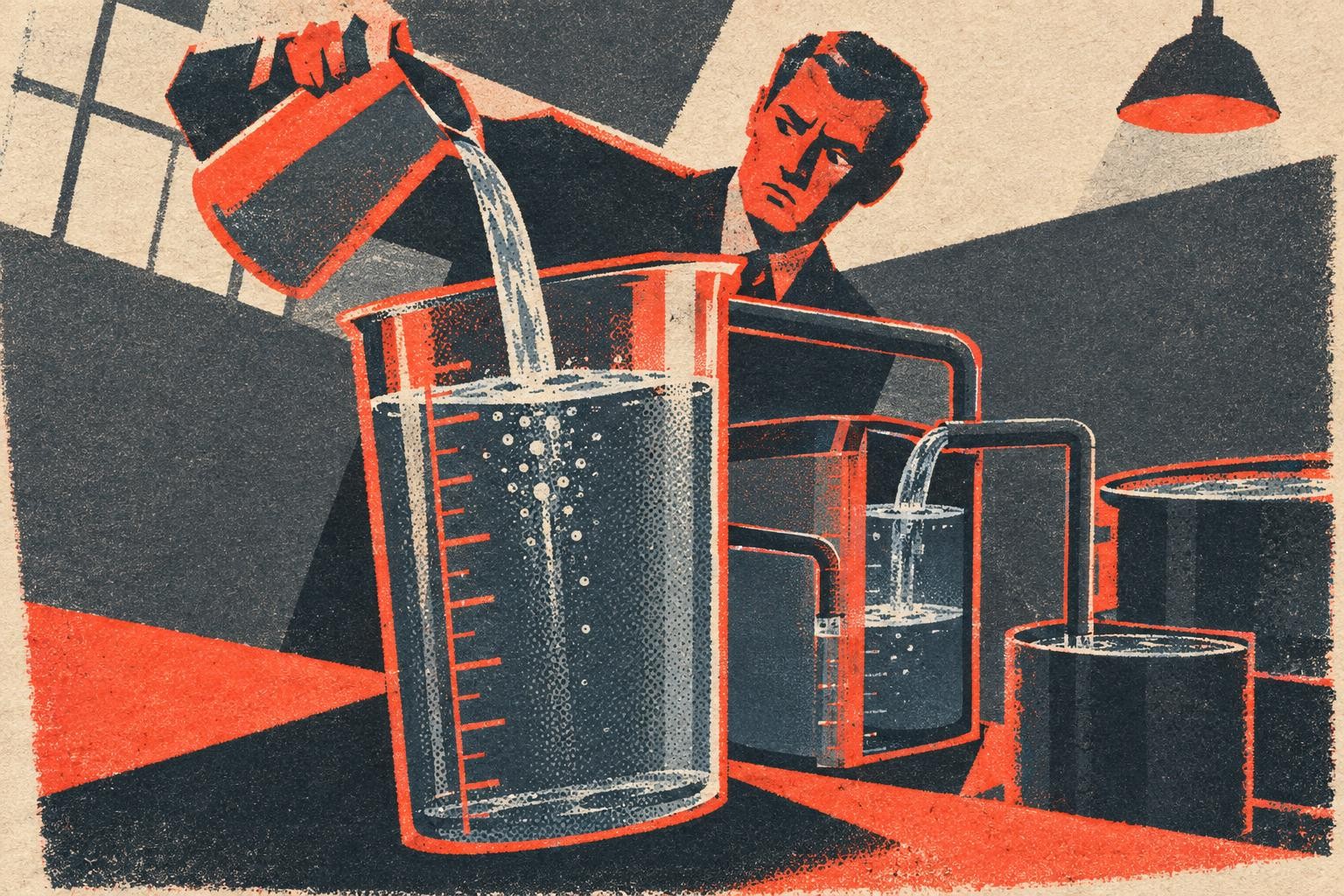 A figure pouring water into a large measuring jar that appears to fill up, but a second hidden jar b