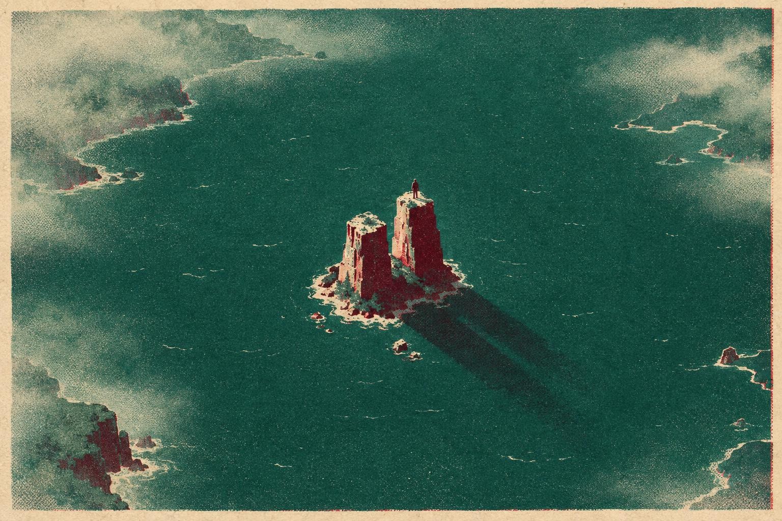 A tiny figure standing on a small island shaped like two towers amid a vast empty ocean representing