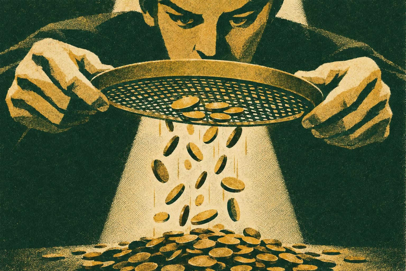 A figure holding a sieve over a pile of coins, most coins falling through the holes onto the ground 