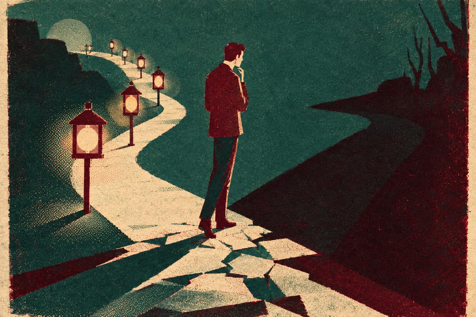 A figure standing at a fork where one path is lit by numbered lanterns and the other is dark and emp
