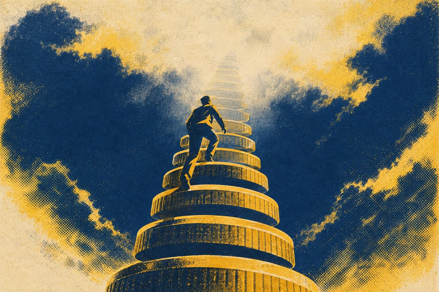A tall ladder made of stacked coins reaching upward, each rung getting narrower and more transparent