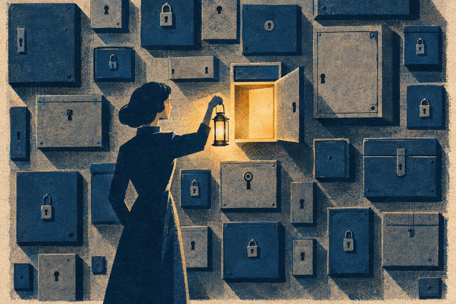 A figure holding up a small lantern to a wall covered in locked boxes of different sizes, warm light