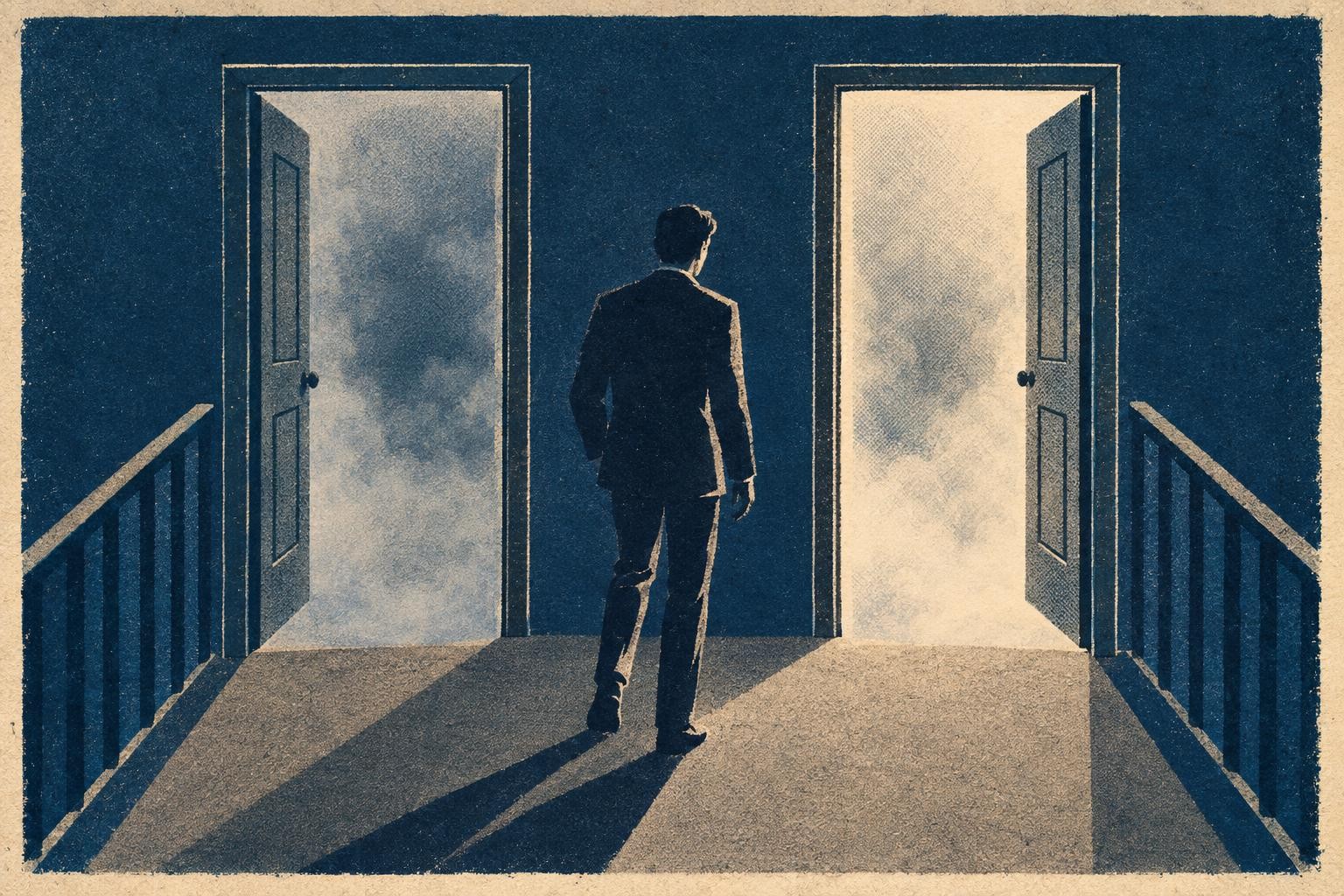 A figure standing between two identical doors on a narrow landing, one door glowing faintly brighter