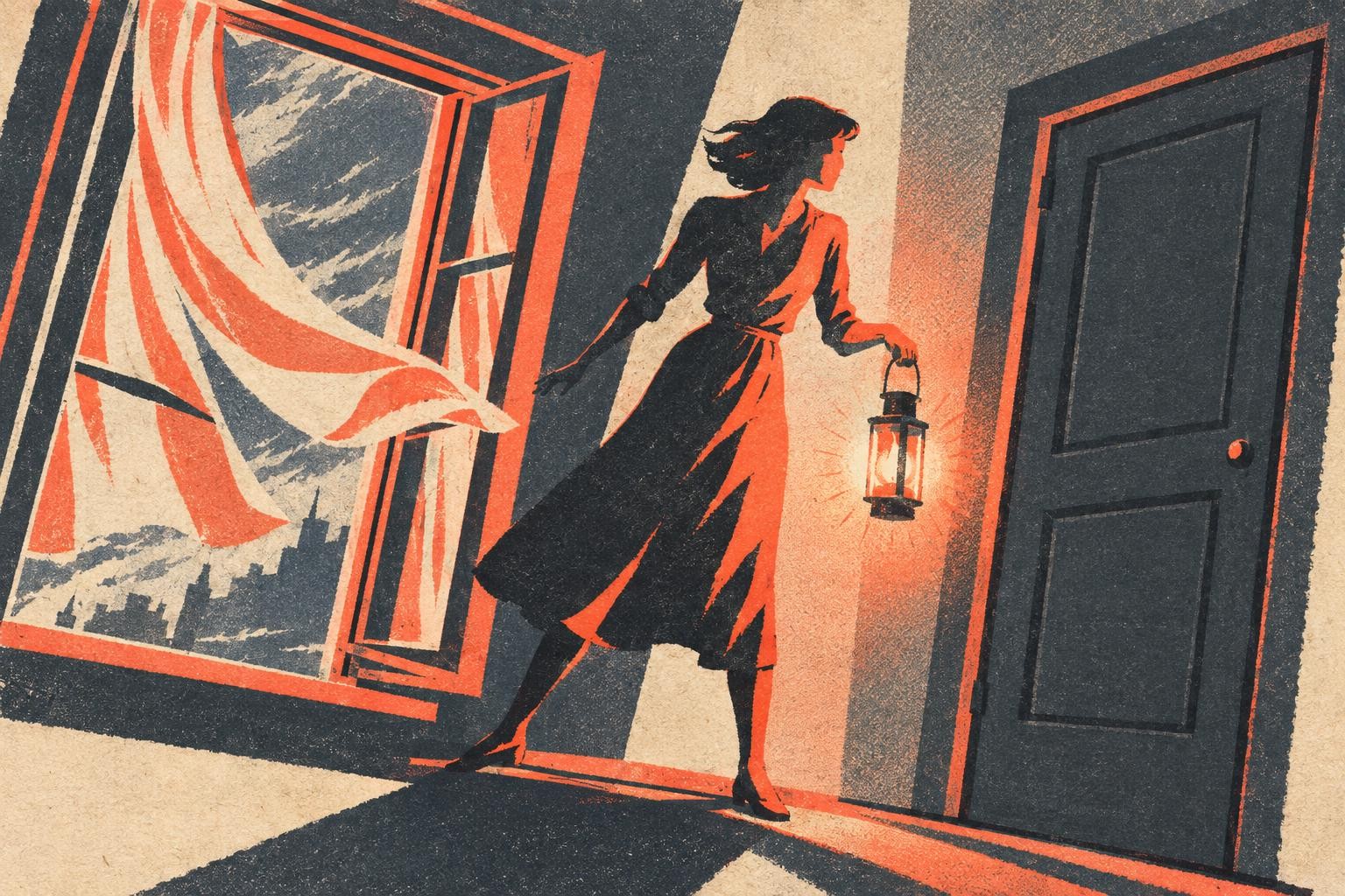 A figure holding a lantern that flickers between two brightness levels, standing on a threshold betw