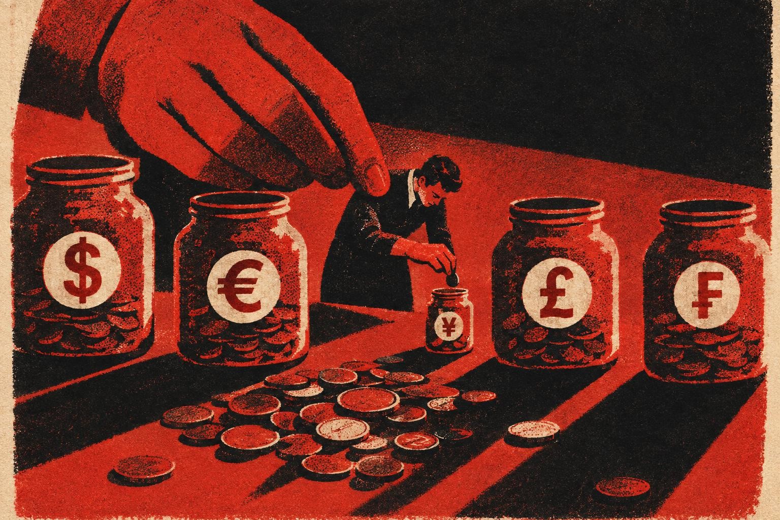 A small figure sorting a scattered pile of coins into five distinct currency-marked jars, one jar mu