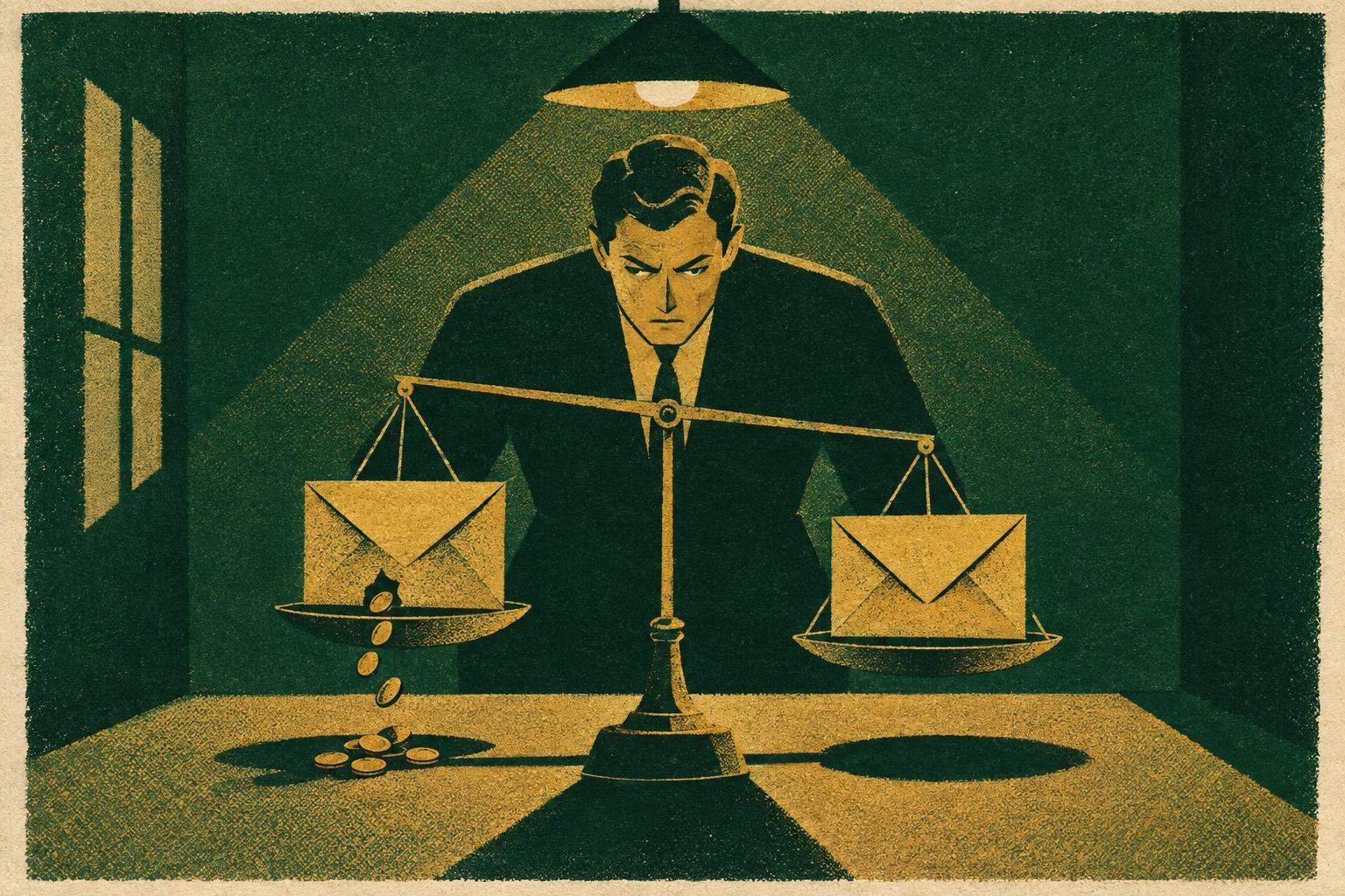 A figure holding two identical-looking envelopes of unequal weight on a balance scale, one envelope 