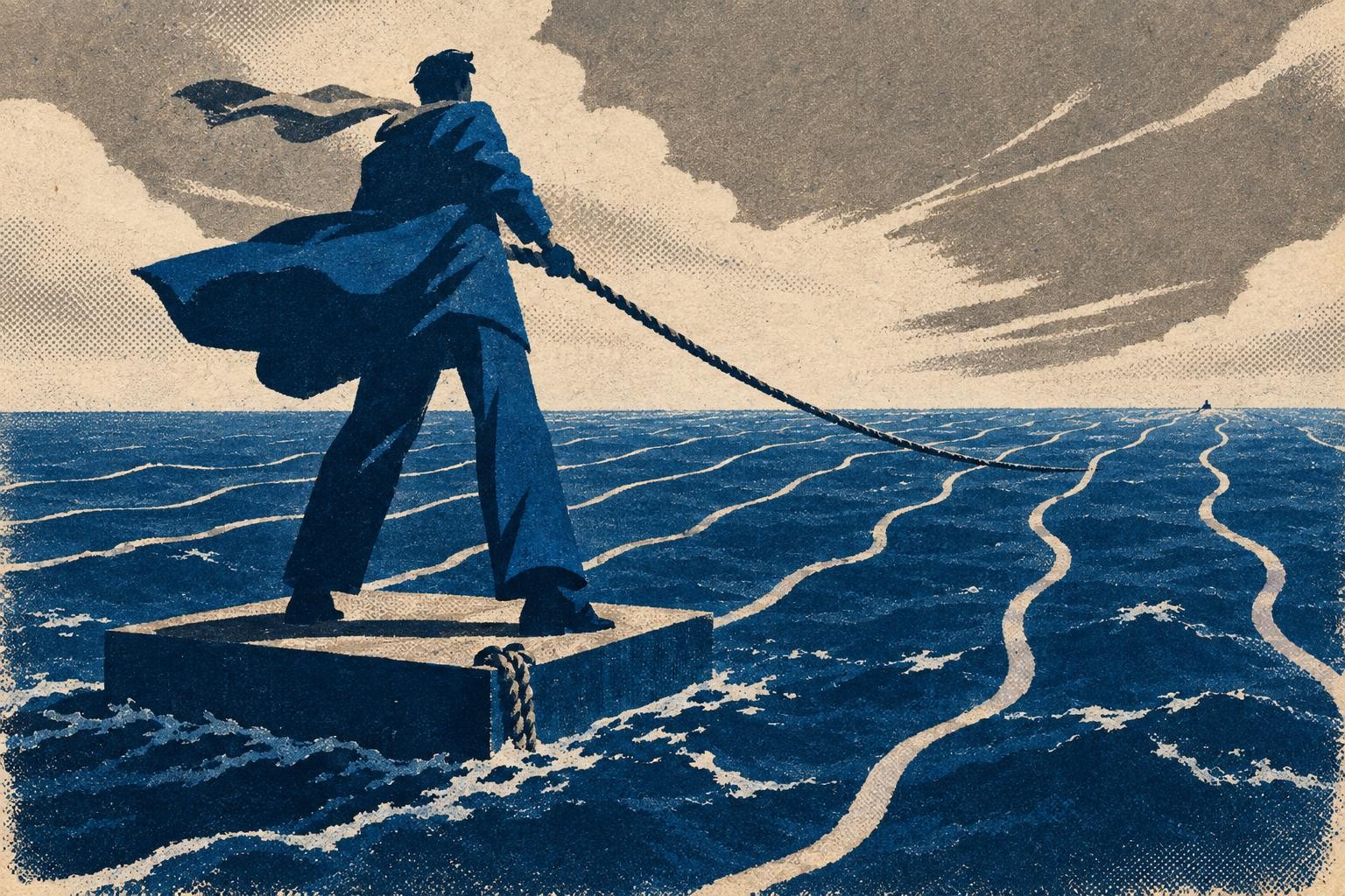 A figure standing on a small platform floating above a vast ocean divided by wavy lines representing
