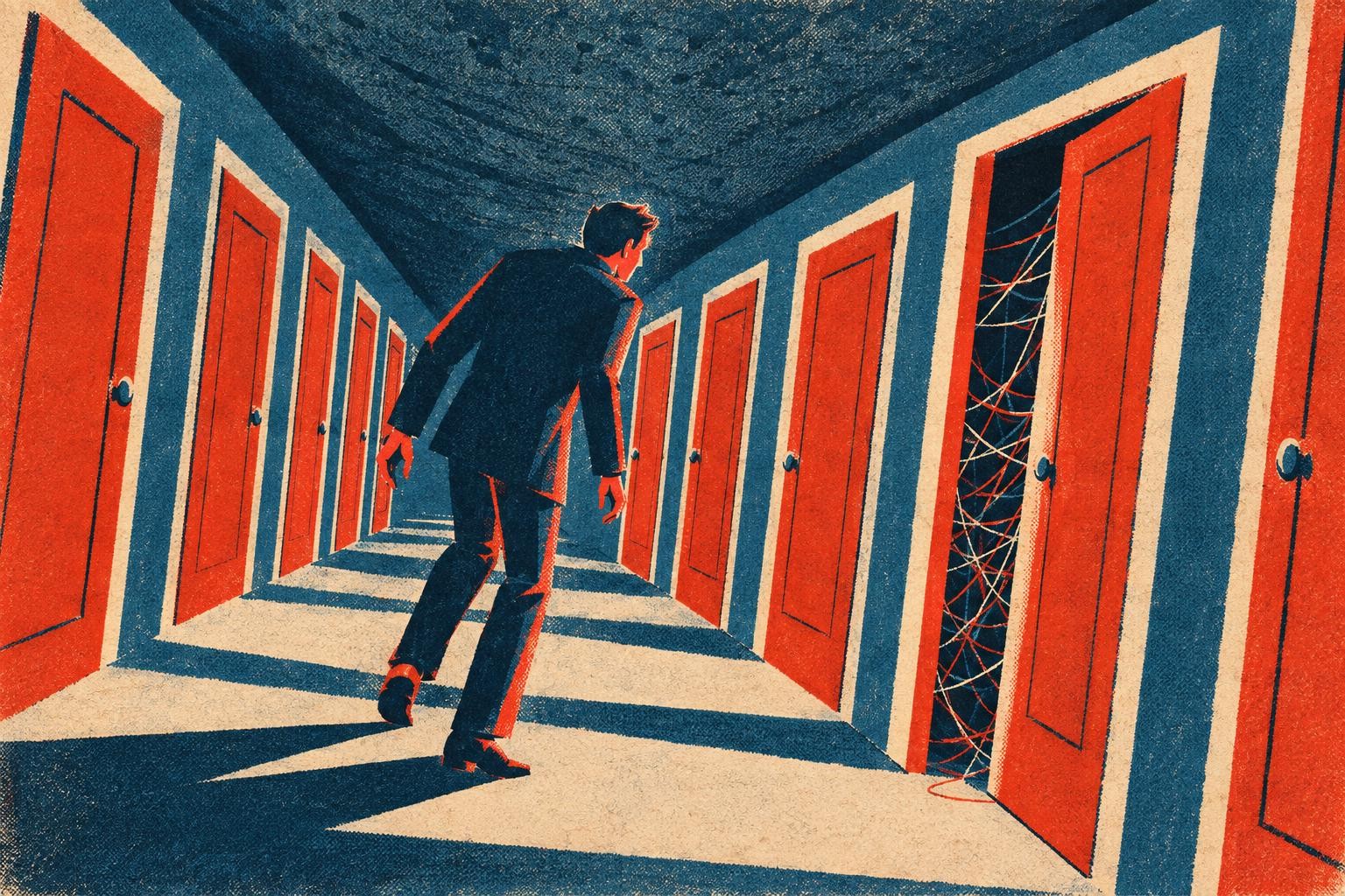 A figure walking through a narrow corridor lined with identical closed doors, one door slightly ajar