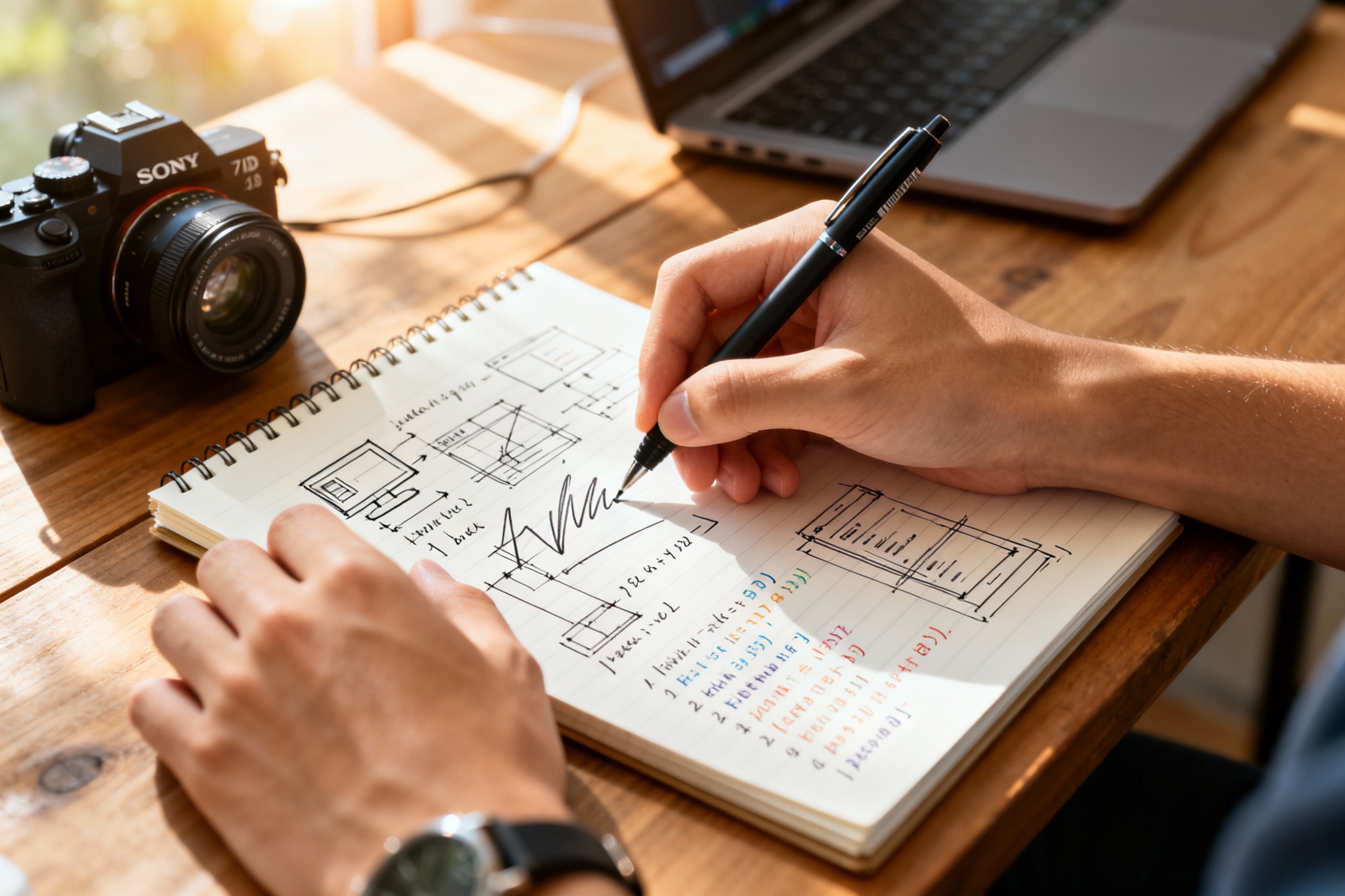A close-up of a young developer's hands sketching out ideas on a notepad, with technical drawings an...