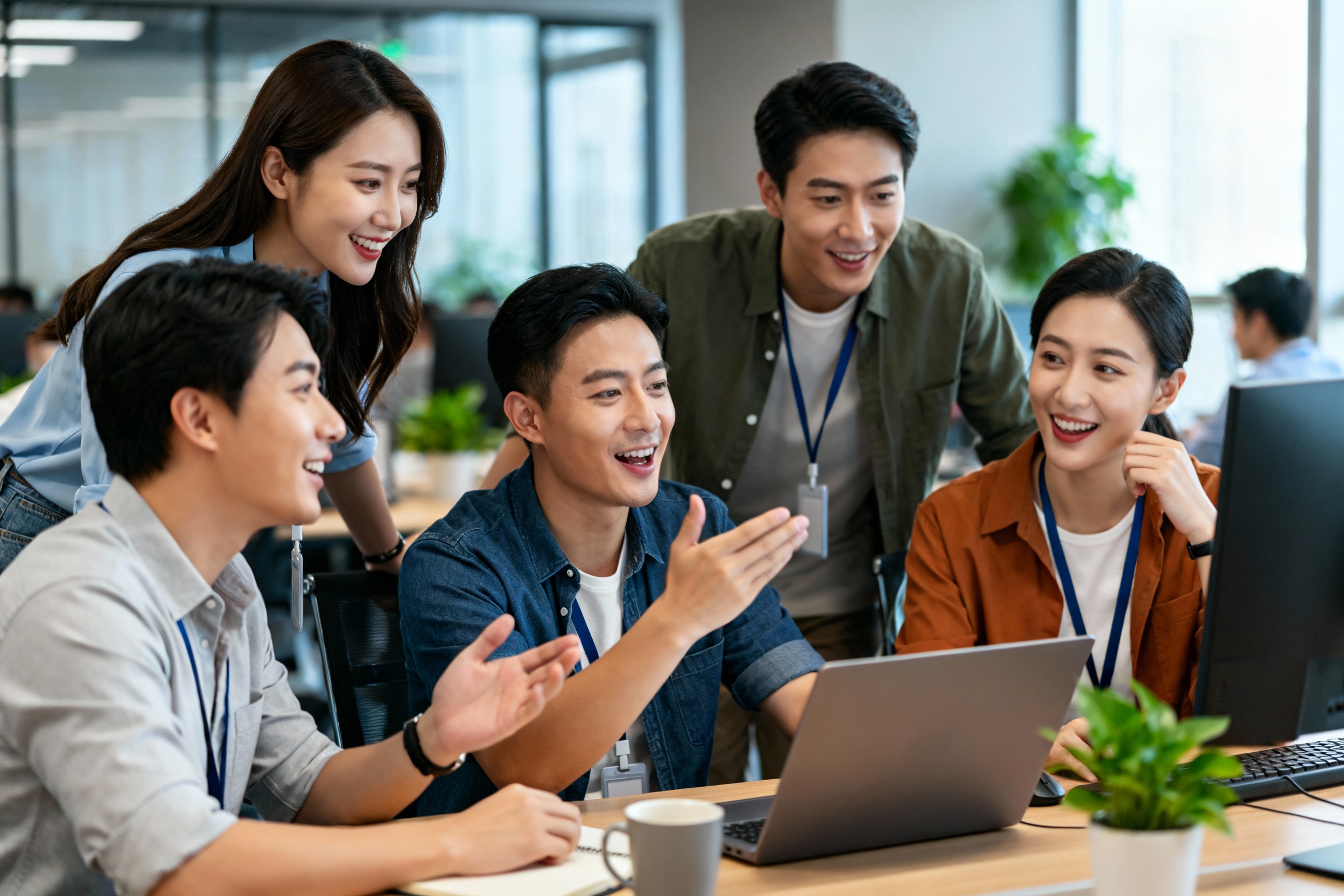 A vibrant team meeting in a modern office space, diverse individuals discussing a tech project passi...