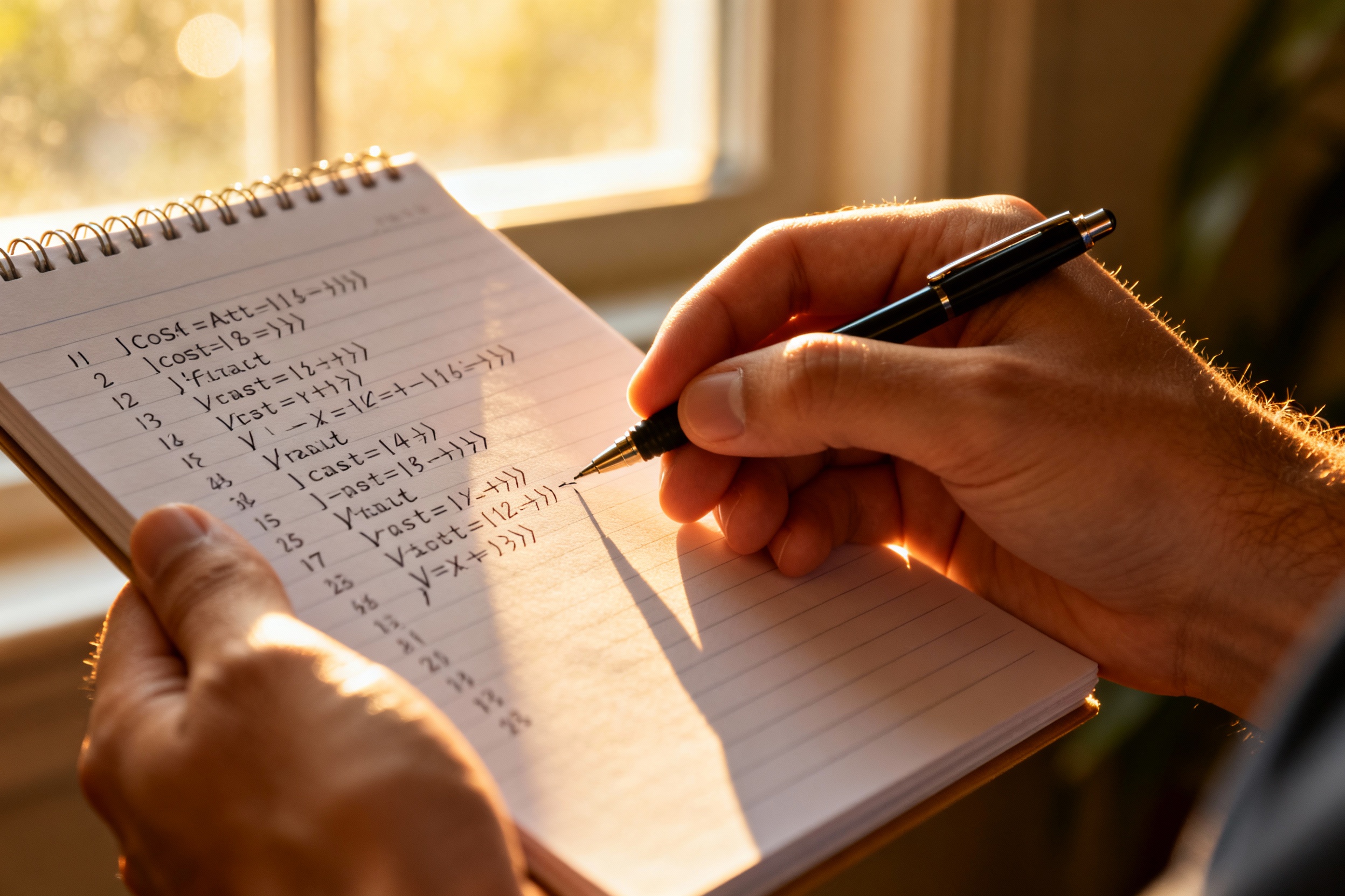 Close-up of hands holding a notepad with coding algorithms written, warm afternoon light streaming i...