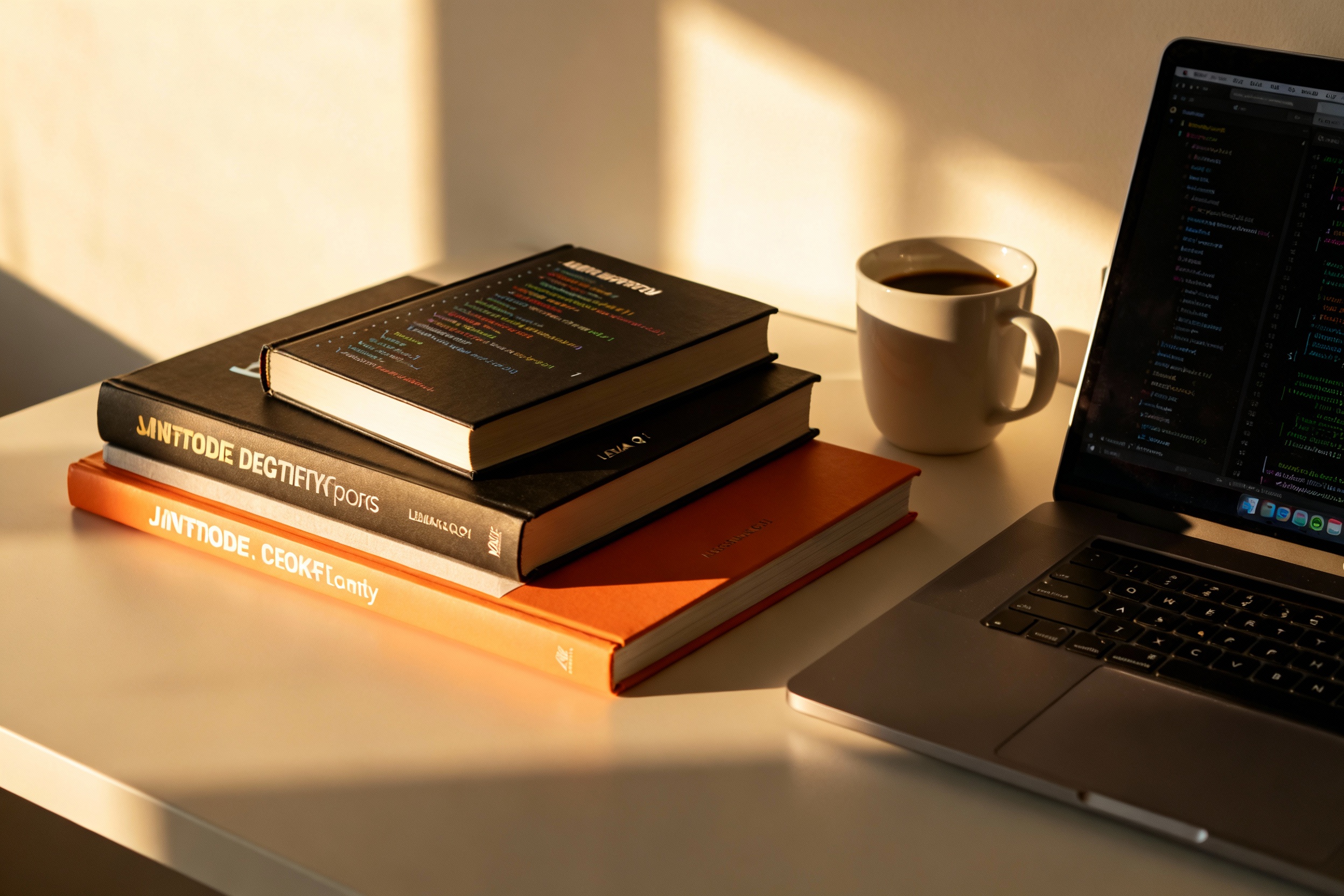 An abstract composition of a desk with coding books, a laptop, and a cup of coffee, soft morning lig...