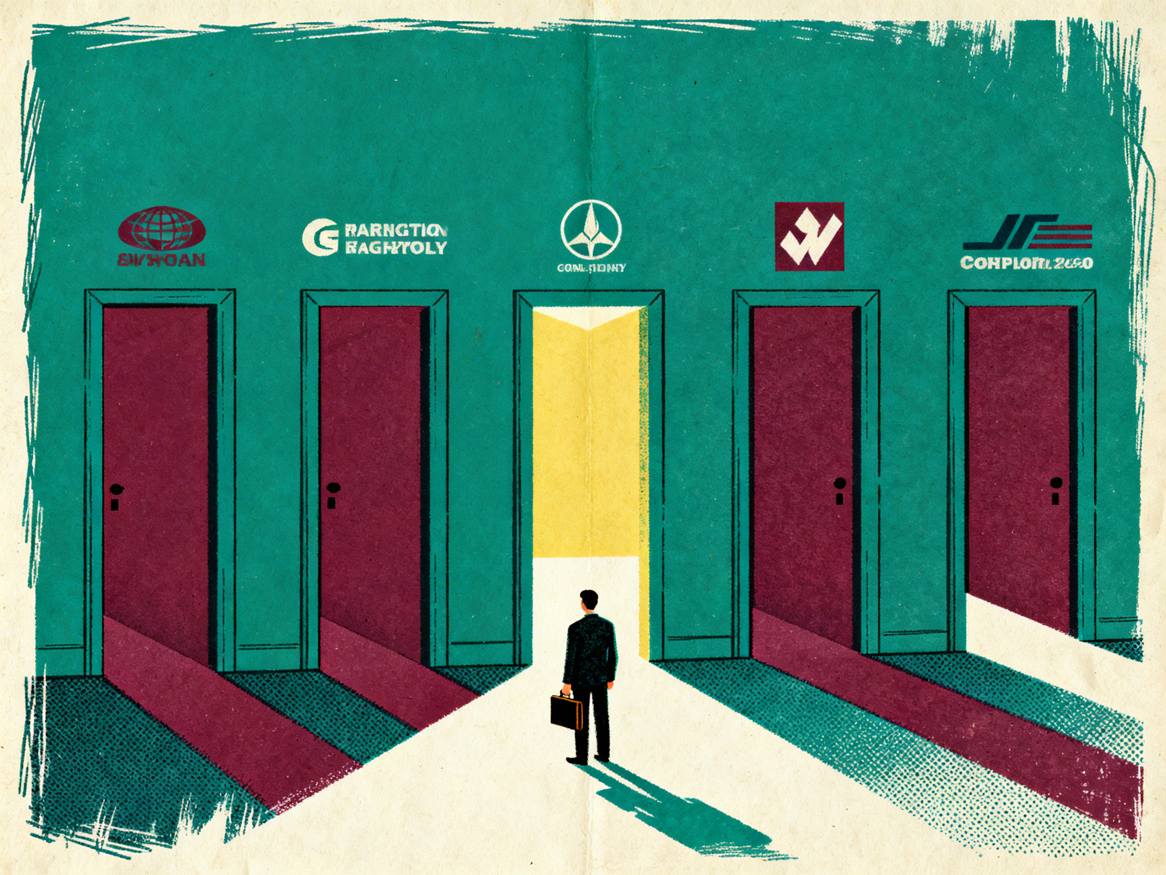 A small figure standing before multiple towering doorways labeled with different company logos, each