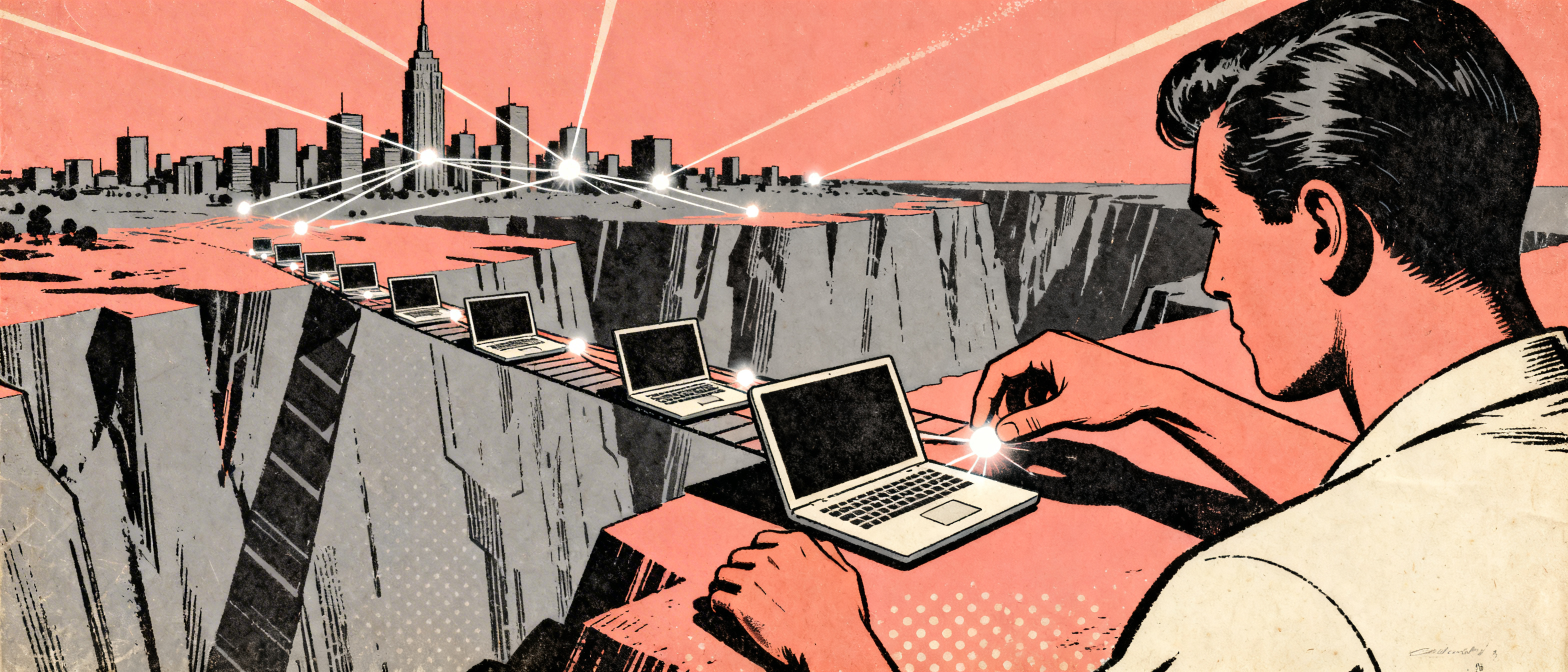 A figure building a bridge of floating laptops across a digital canyon, distant cities connected by 