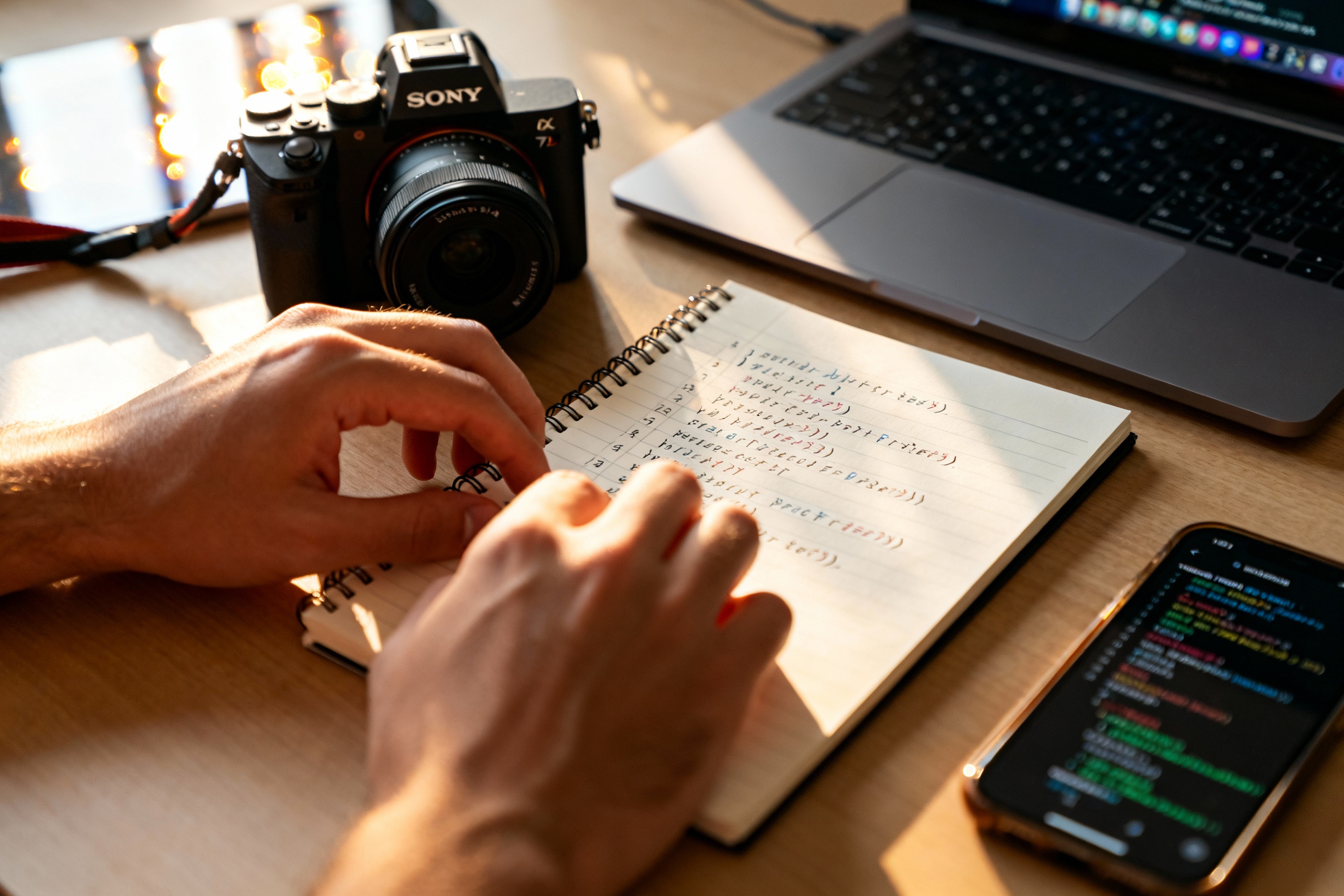 A close-up of hands working with code on a notepad and digital devices around, soft morning light il...
