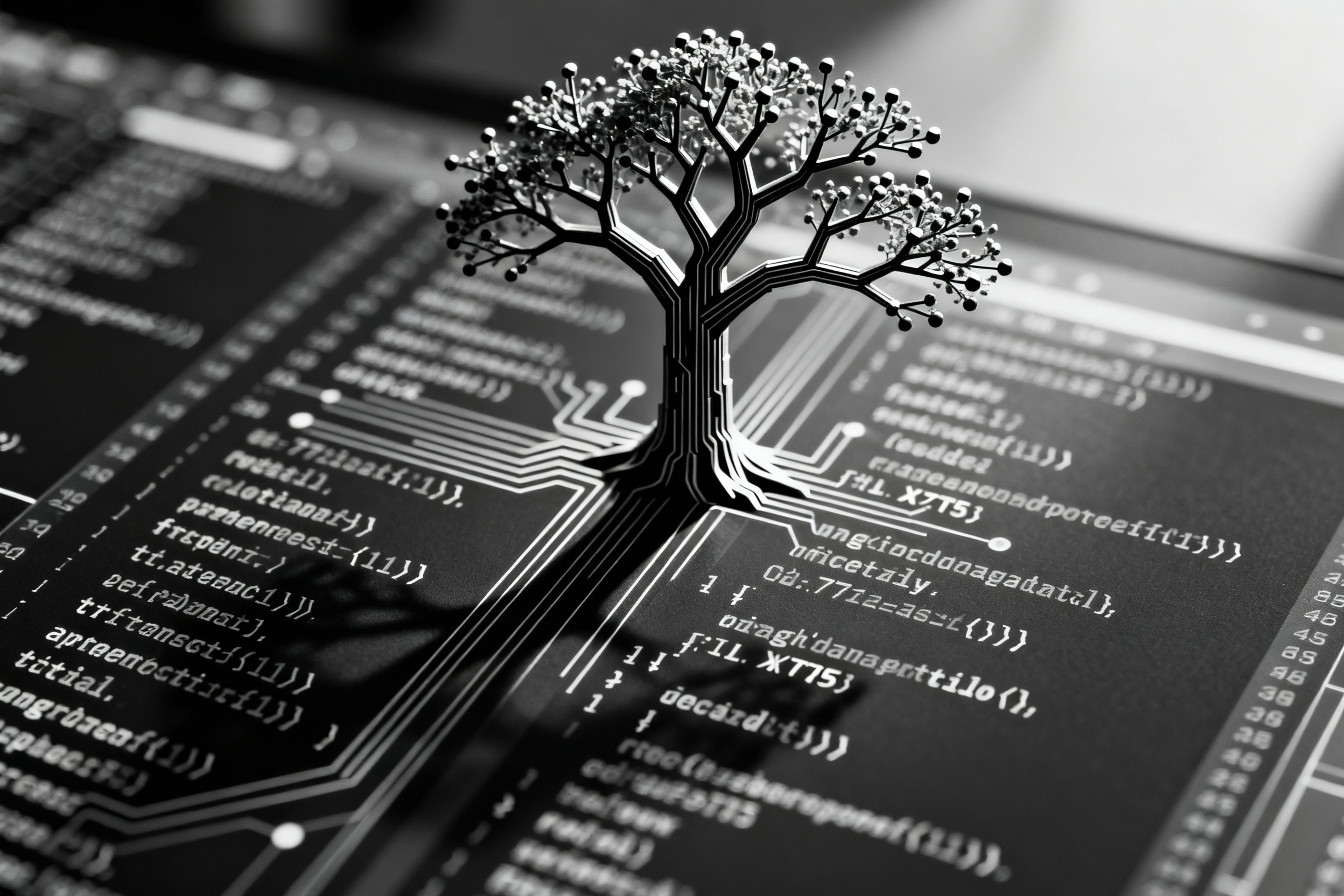An abstract composition of programming elements, like code snippets and algorithms merging into a tr...