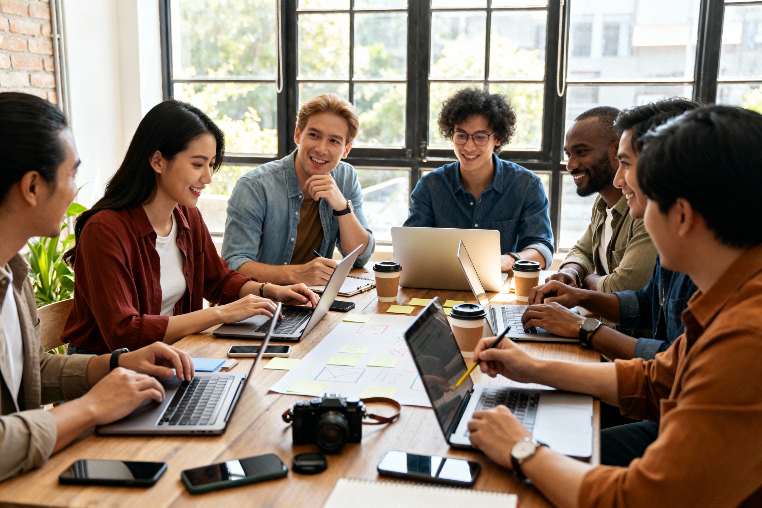 A group of diverse people engaged in a brainstorming session around a table filled with tech gadgets...