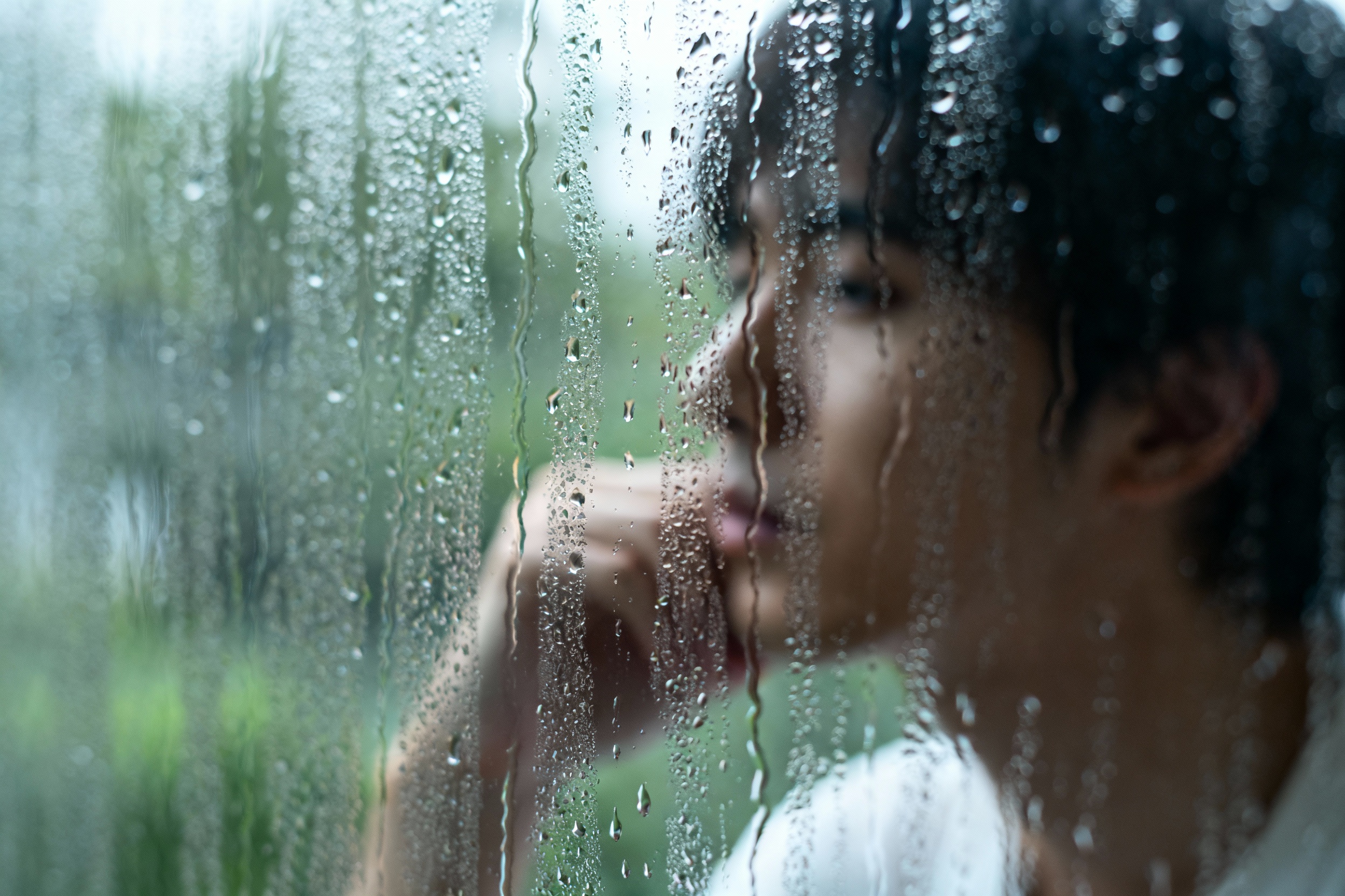 An abstract close-up of water droplets on a window, with a blurred figure in the background looking...