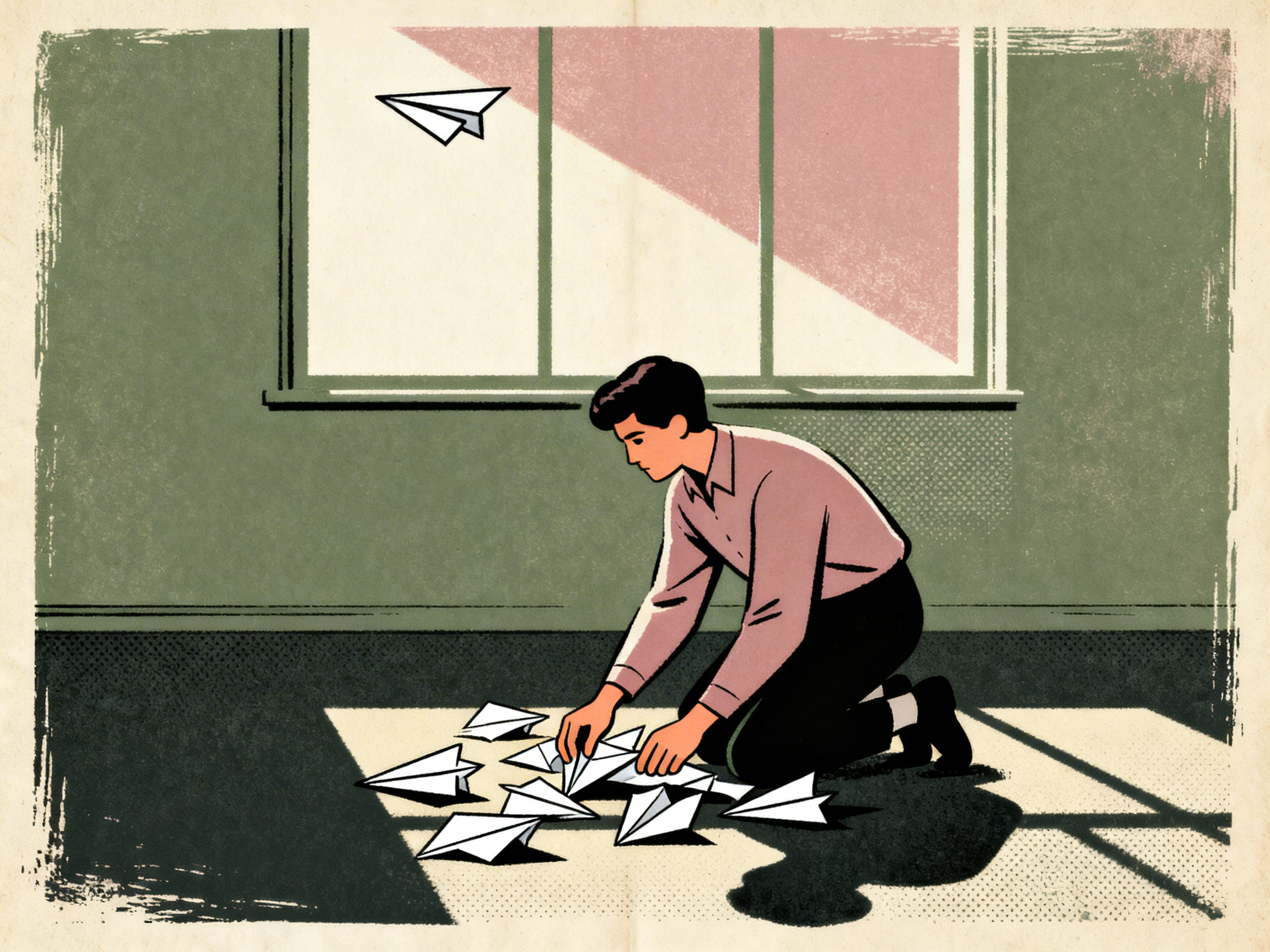A figure kneeling to gather scattered paper airplanes from the ground, one airplane still flying hig...