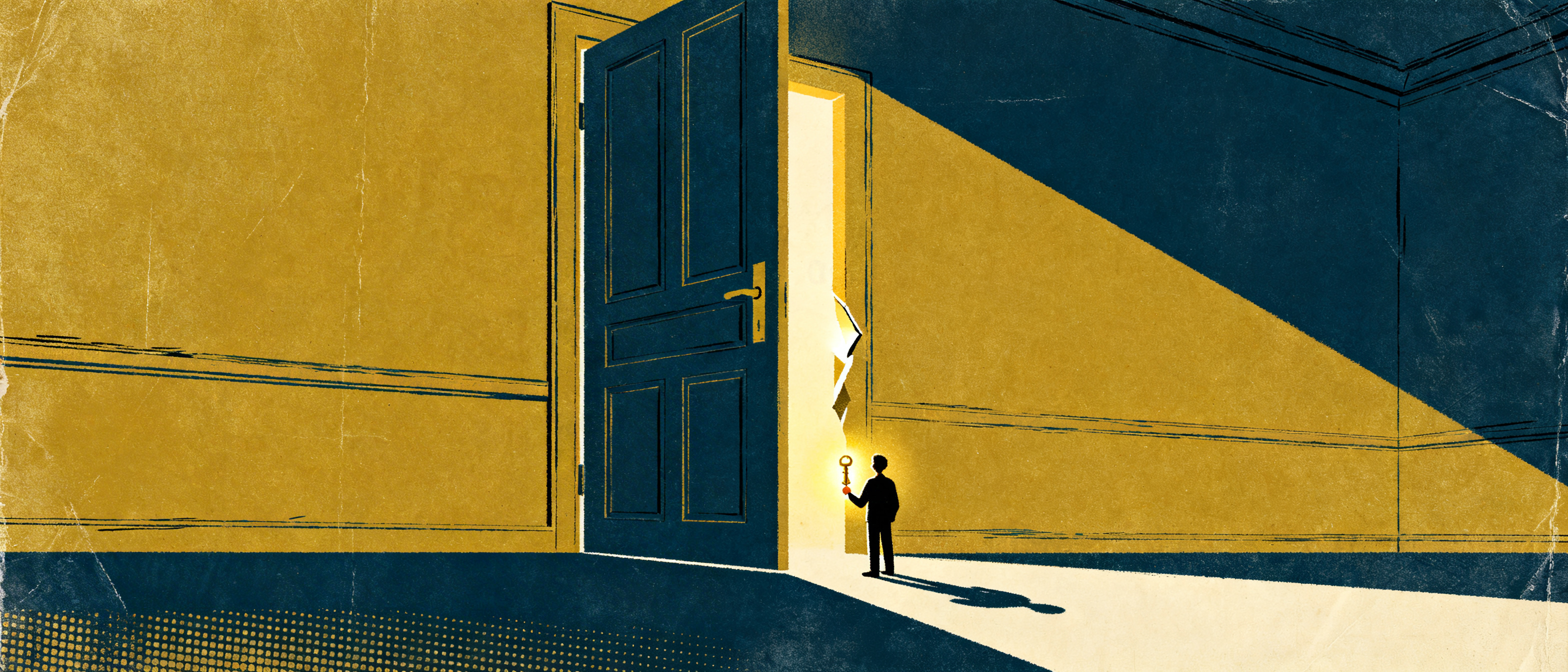 A tiny figure standing before an enormous closed door, holding a small glowing key, door cracks lett...