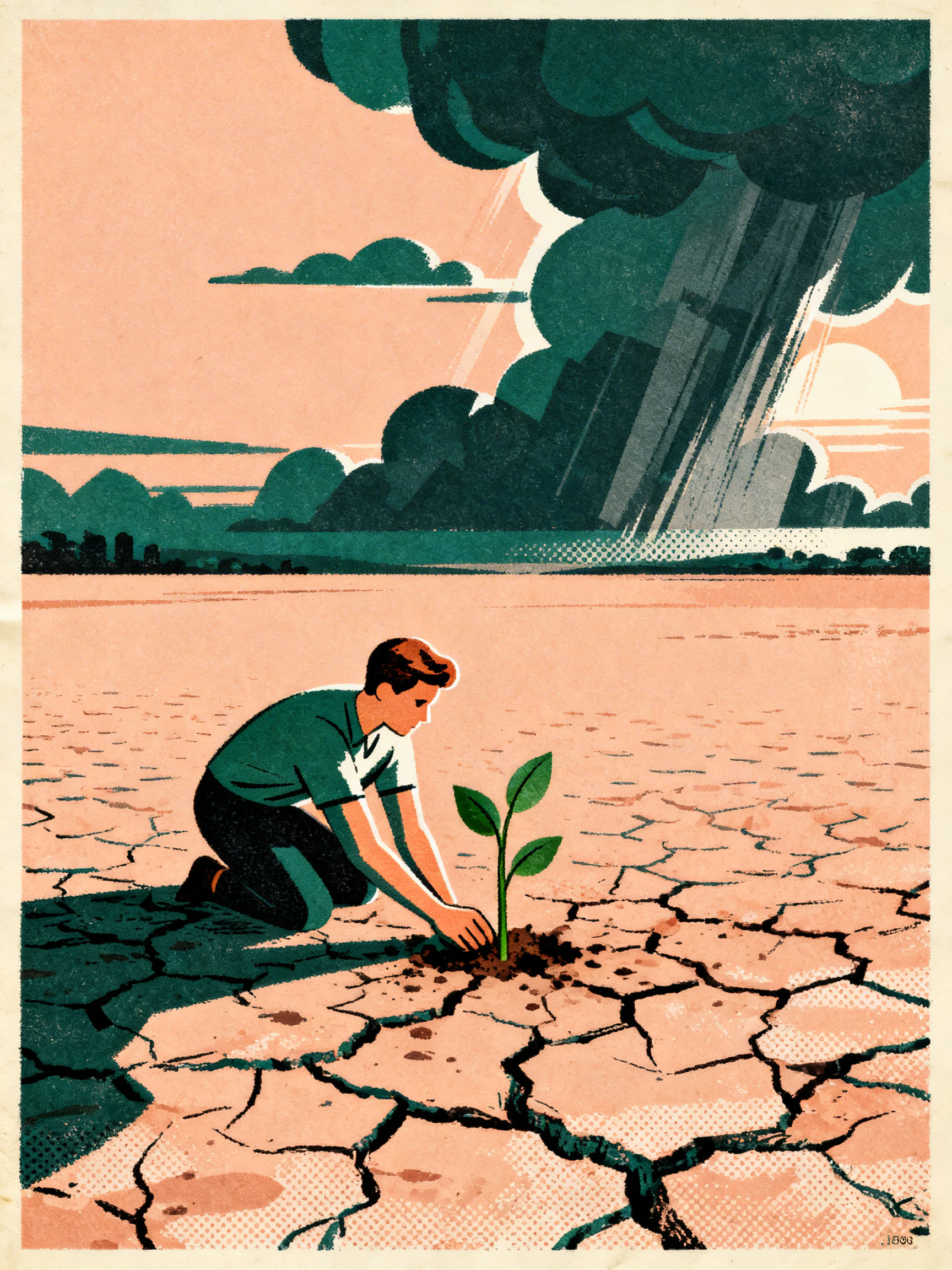 A small figure planting a single seedling in cracked dry earth, vast empty landscape, distant storm...