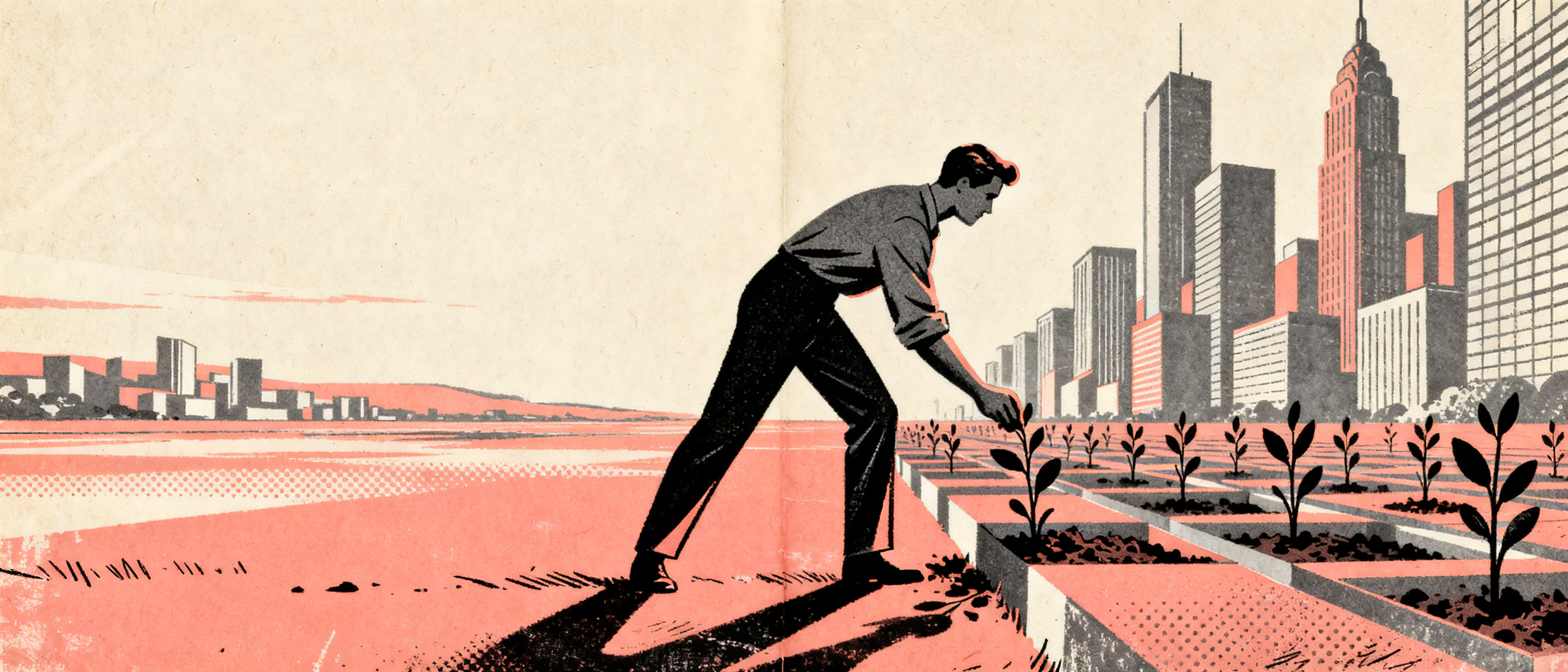 A figure planting seeds in geometric soil patches that grow into towering corporate buildings, vast