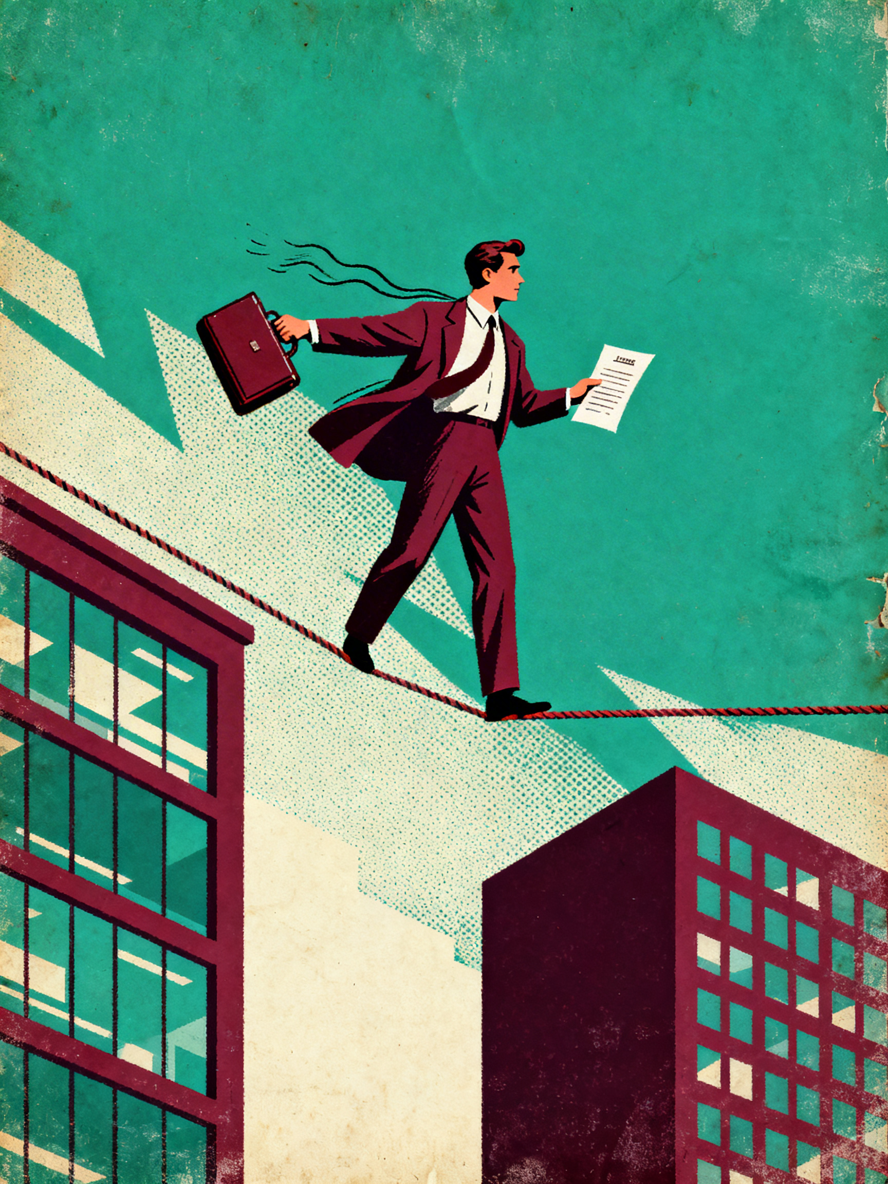 A figure balancing on a tightrope between two office buildings, briefcase in one hand and contract i