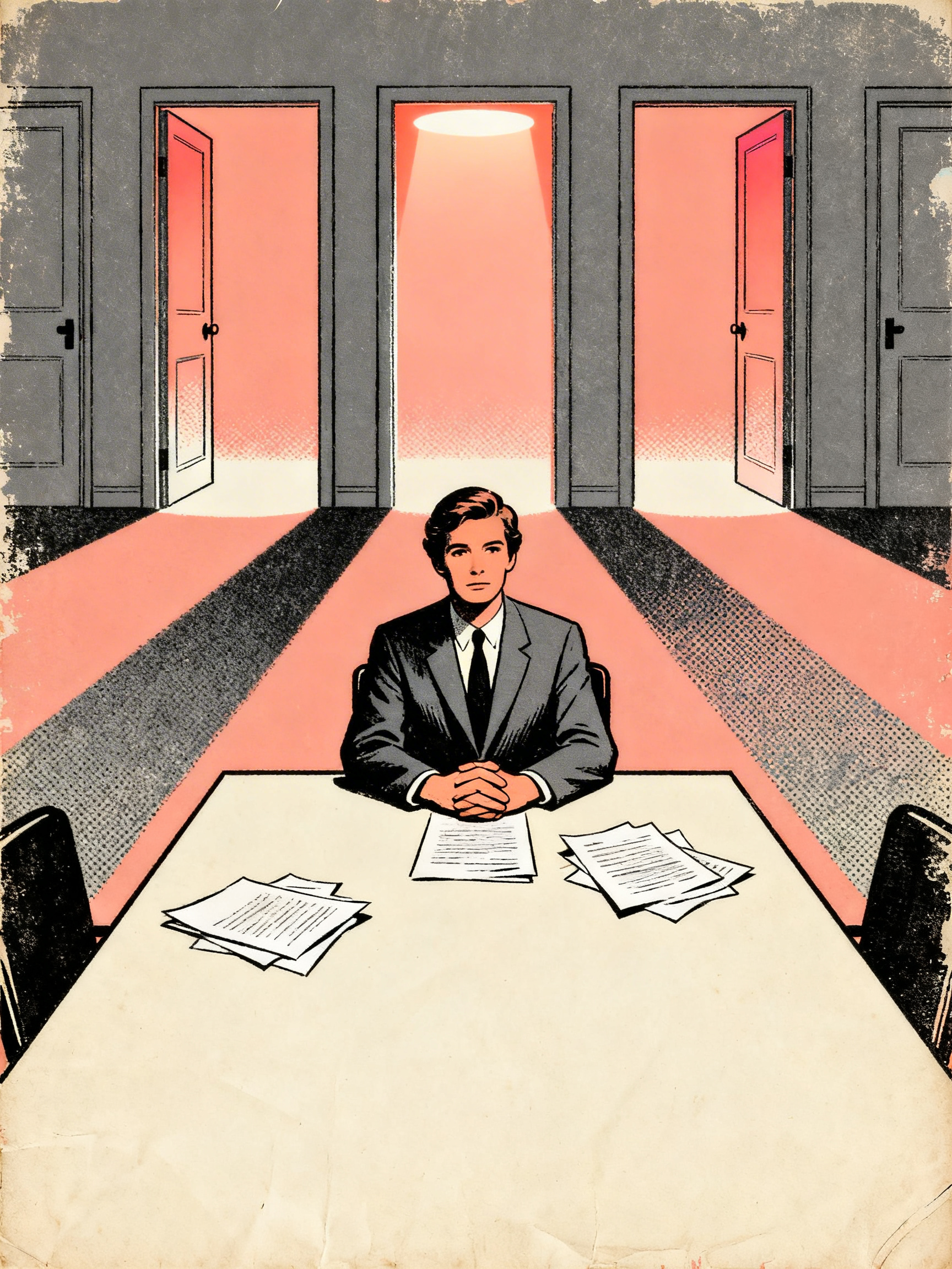 A person sitting at an empty negotiation table with multiple doors behind them glowing with differen