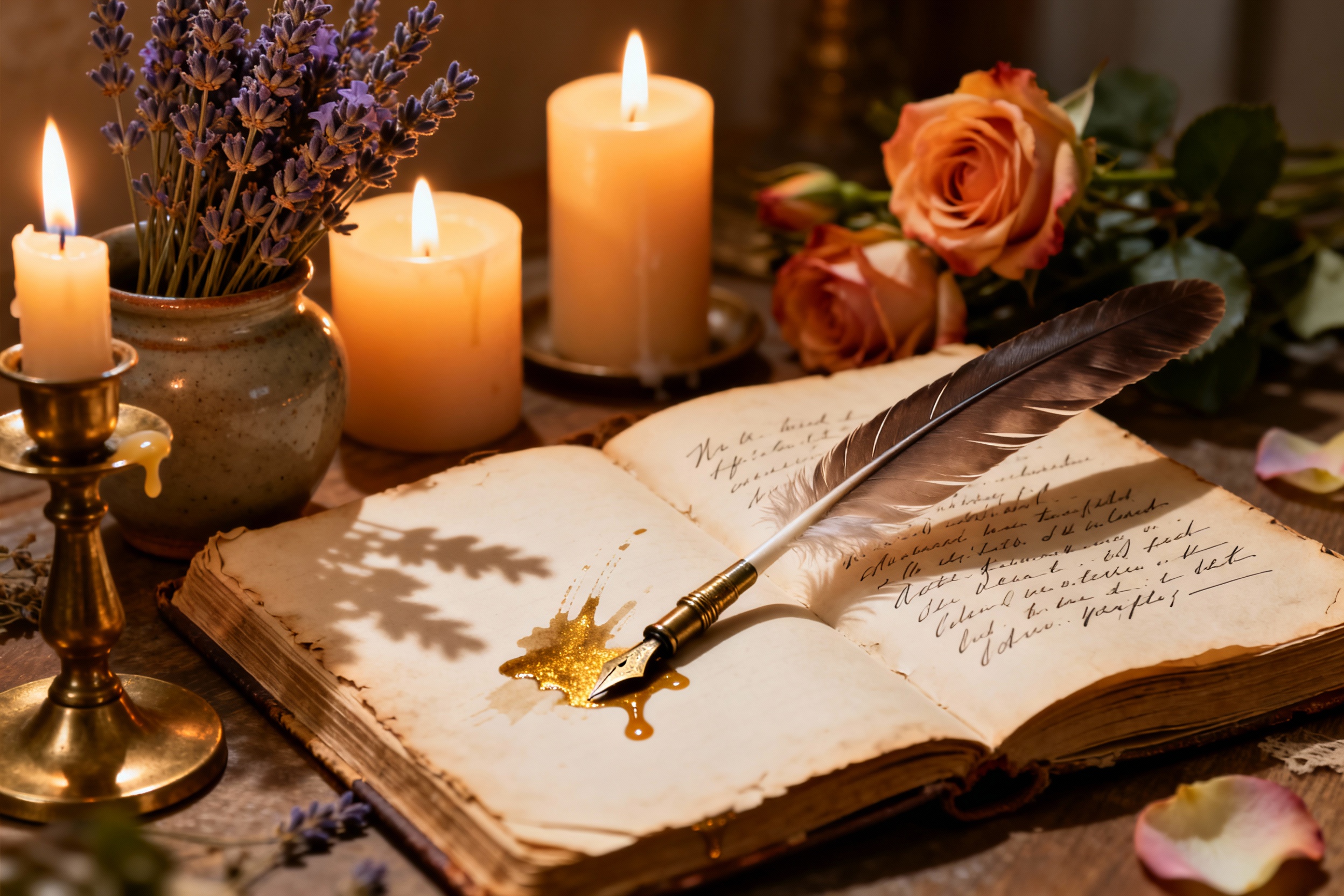 A close-up of a journal with handwritten notes and a quill, surrounded by candles and flowers, symbo...