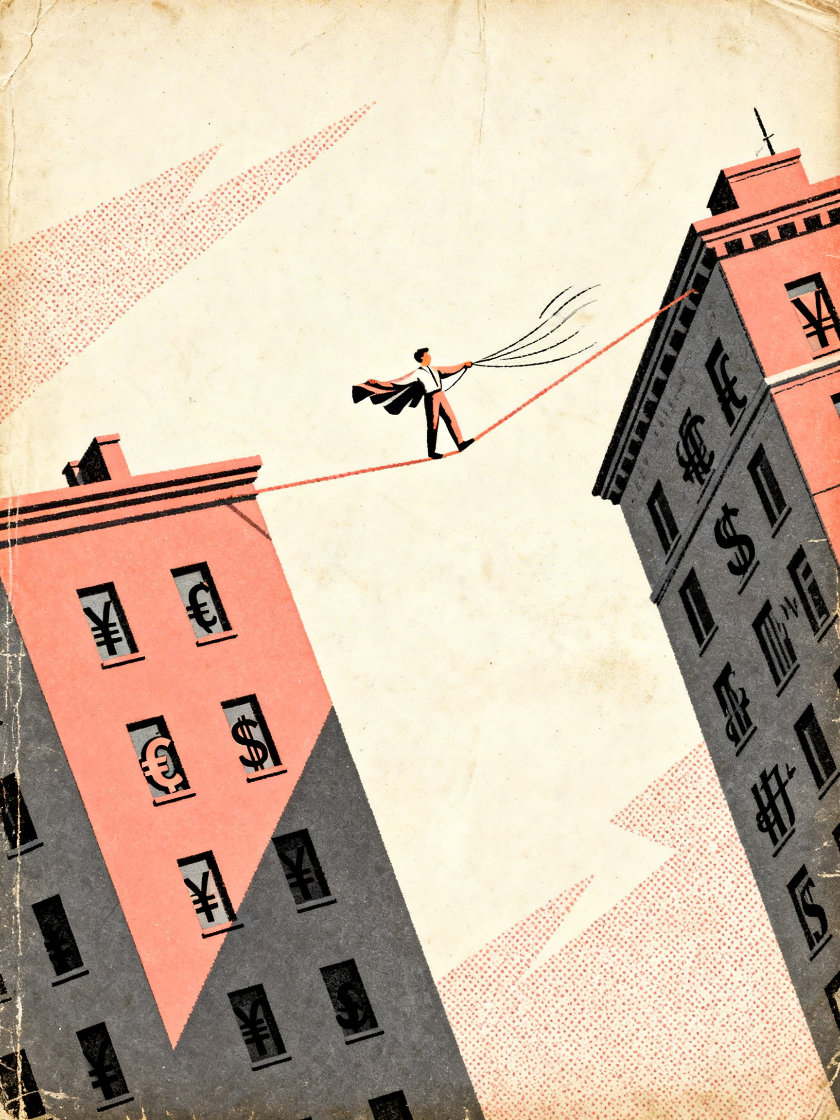 A small figure balancing on a tightrope between two buildings, one building labeled with local curre