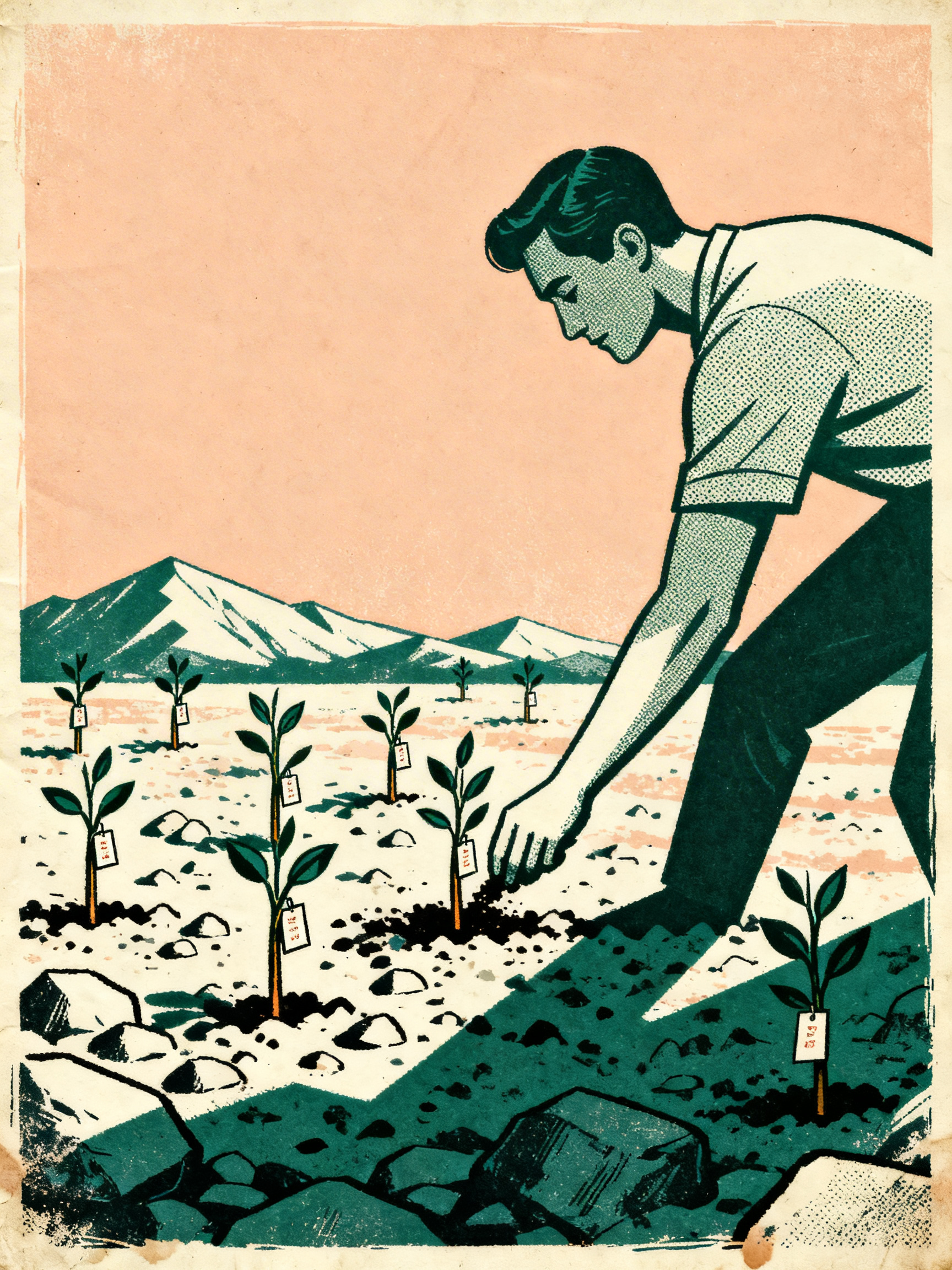 A figure planting multiple small seedlings in rocky soil, each seedling has a small tag with differe