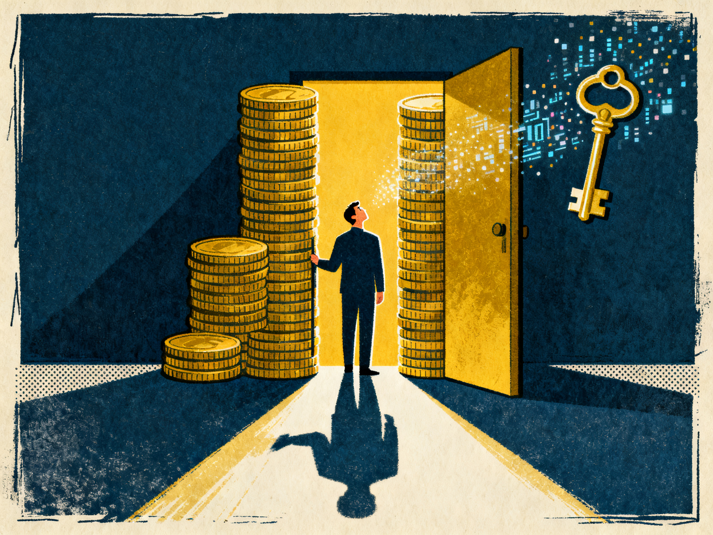 A figure opening a large door made of stacked golden coins, warm light pouring through the crack, sh