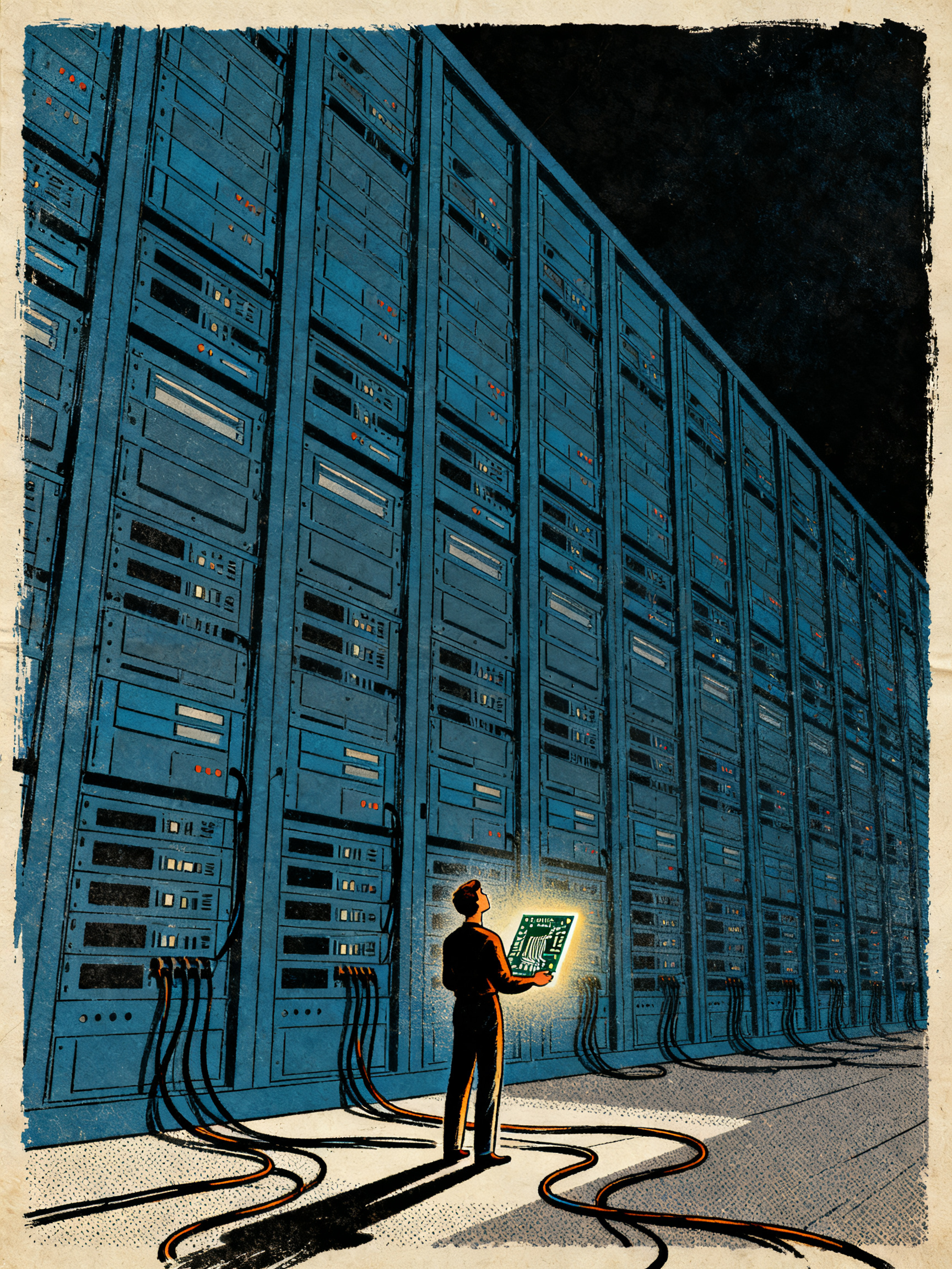 A small figure standing before a massive wall of towering server racks that stretch into darkness ab