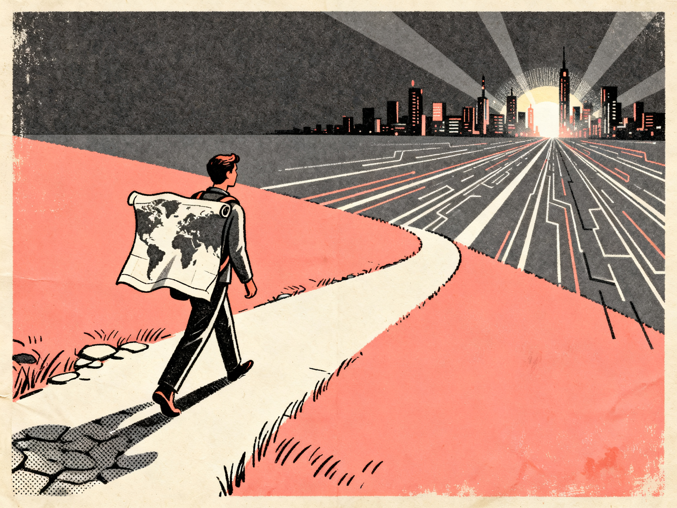 A lone traveler walking along a winding path that transforms from local cobblestones to digital high