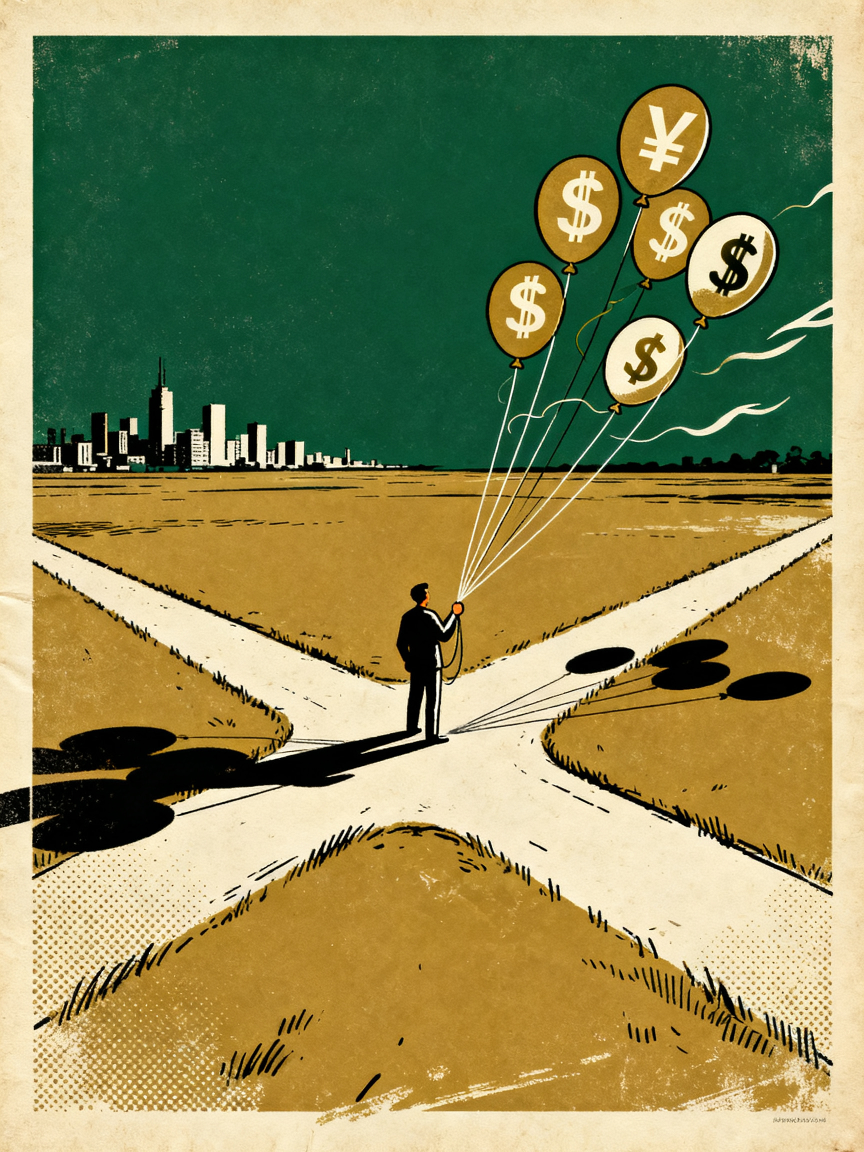 A figure standing at crossroads holding multiple currency symbols like balloons, wind pulling them i