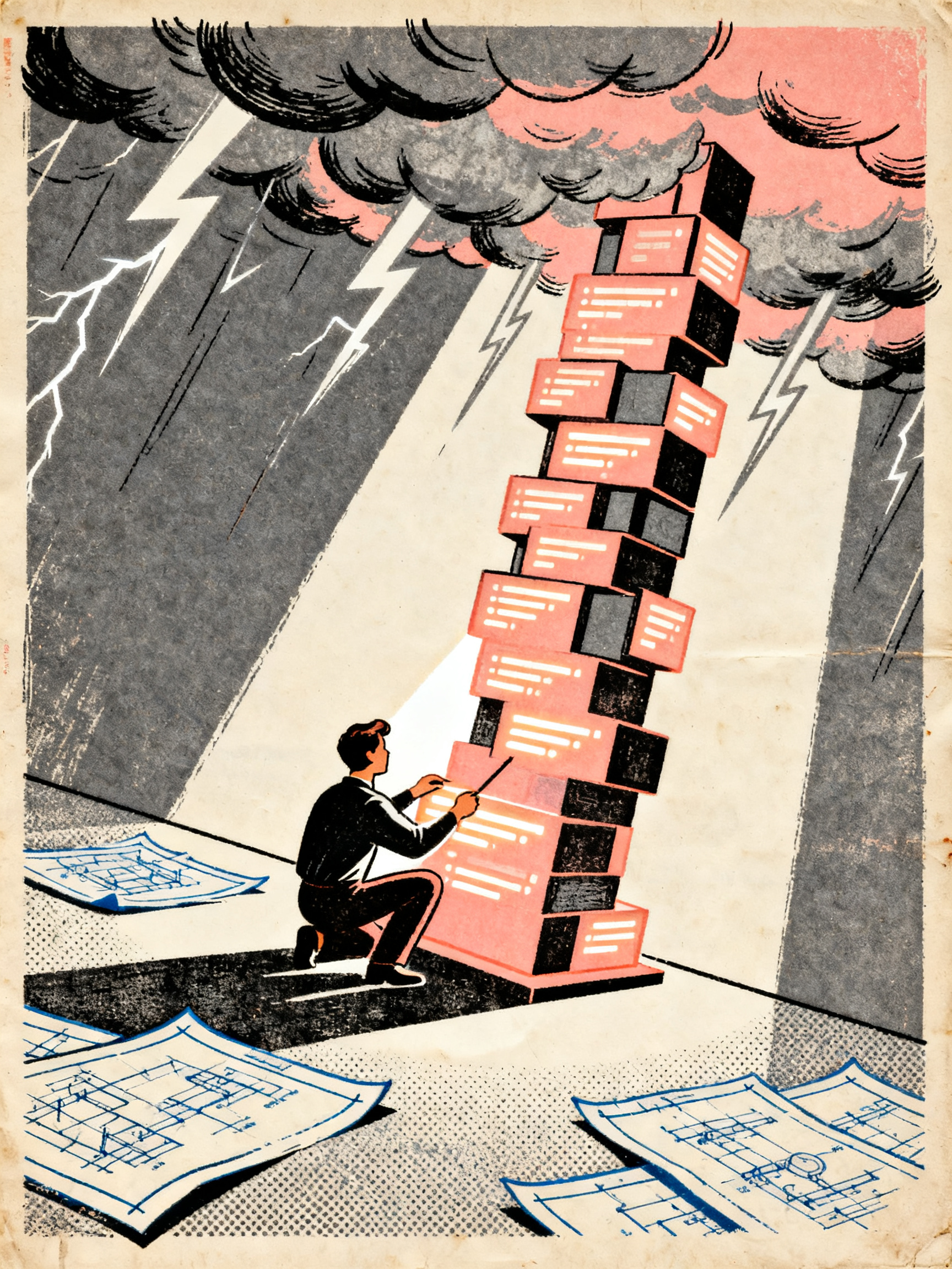 A small figure building a tower from glowing code blocks while storm clouds gather overhead, scatter