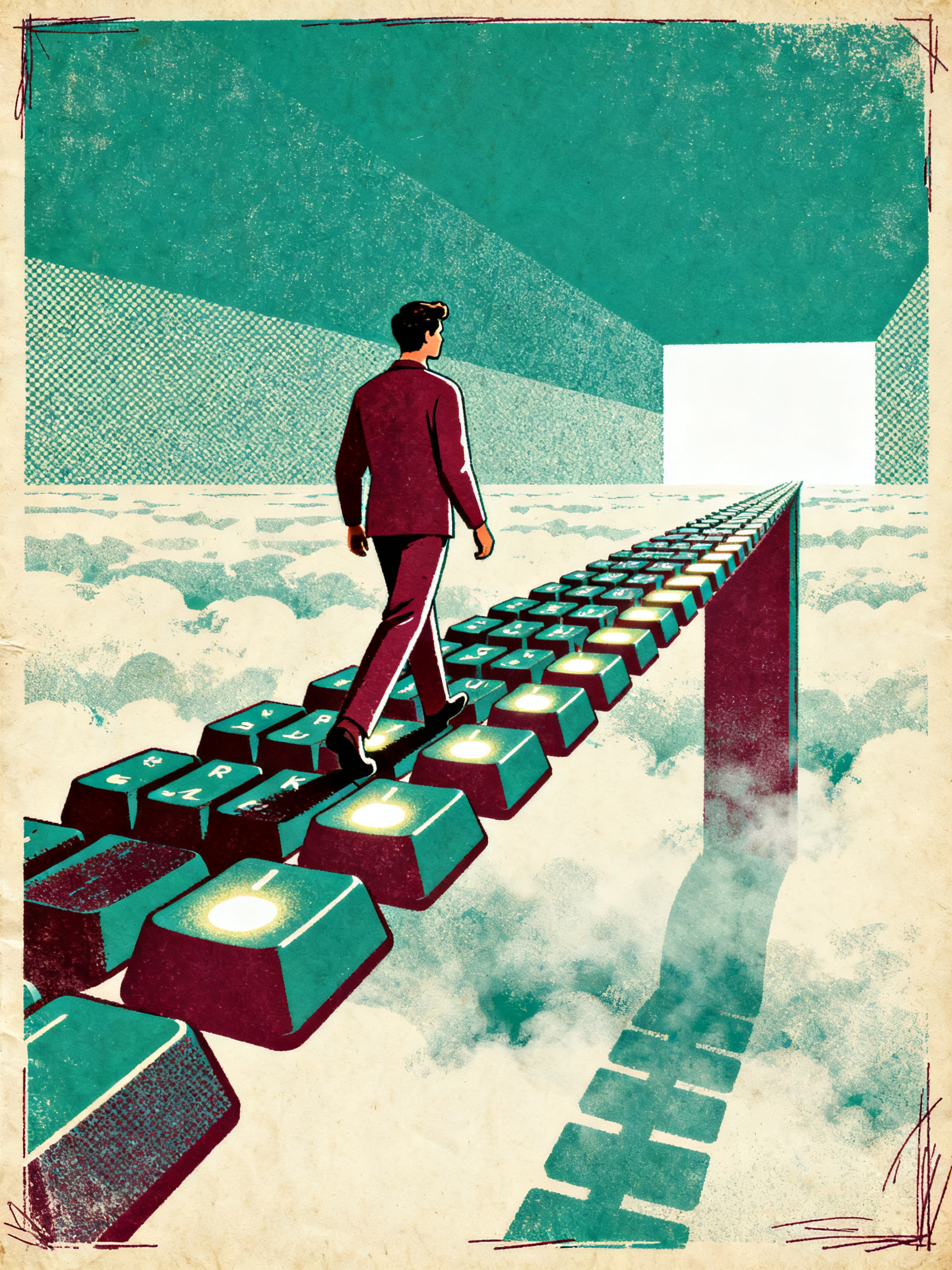 A lone figure walking across a bridge made of floating keyboards, each key lighting up with their st
