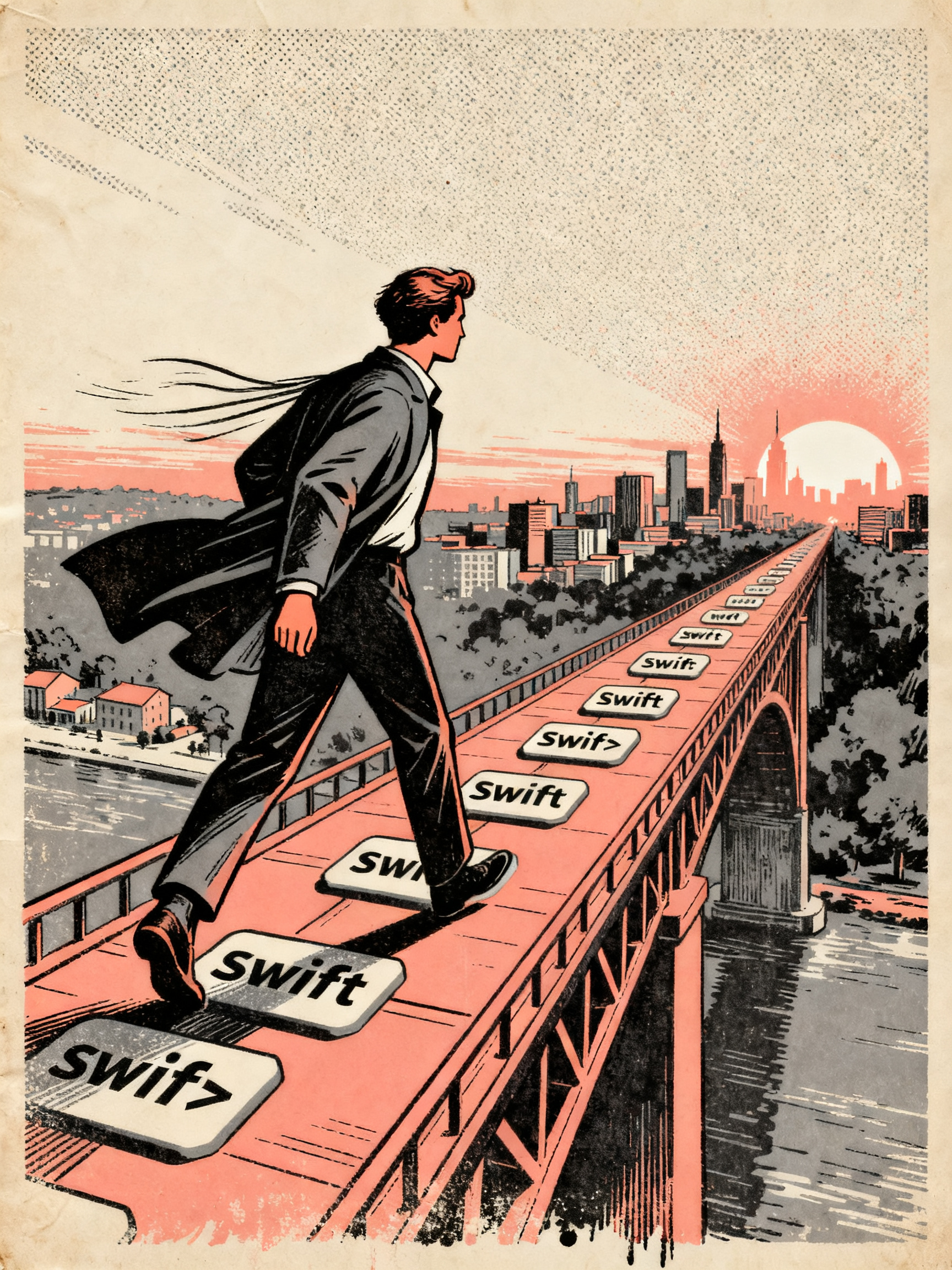 A figure walking across a bridge made of floating Swift code symbols, bridge extends from local city