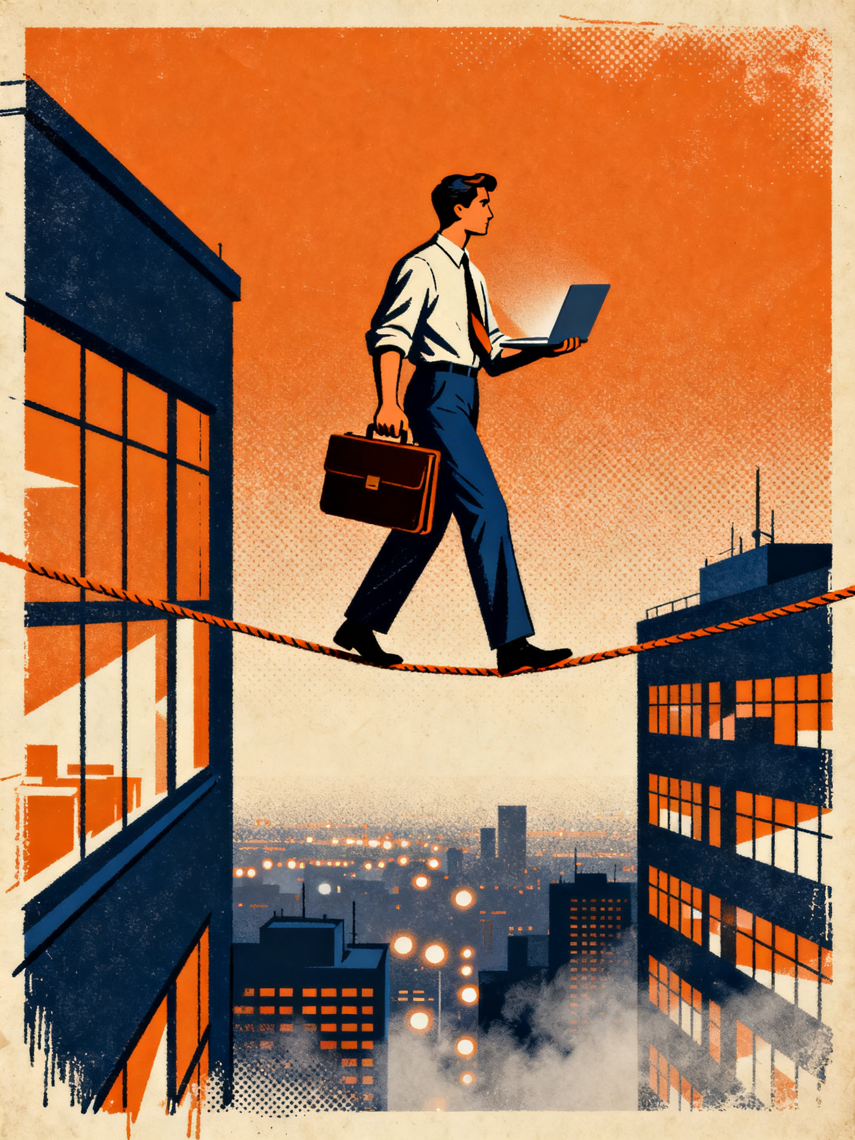 A figure carefully balancing on a tightrope stretched between two office buildings, carrying a brief