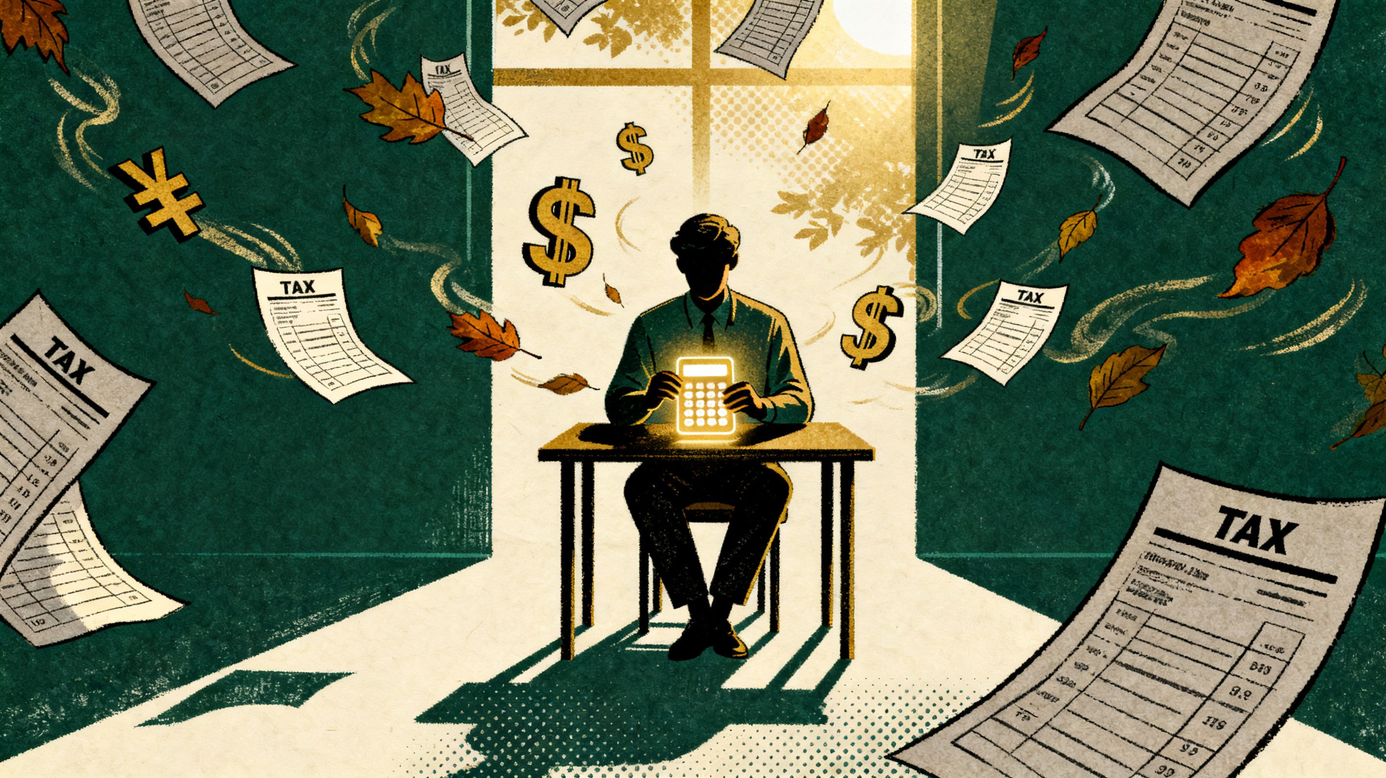 A person sitting at a small desk surrounded by floating currency symbols and tax documents swirling 