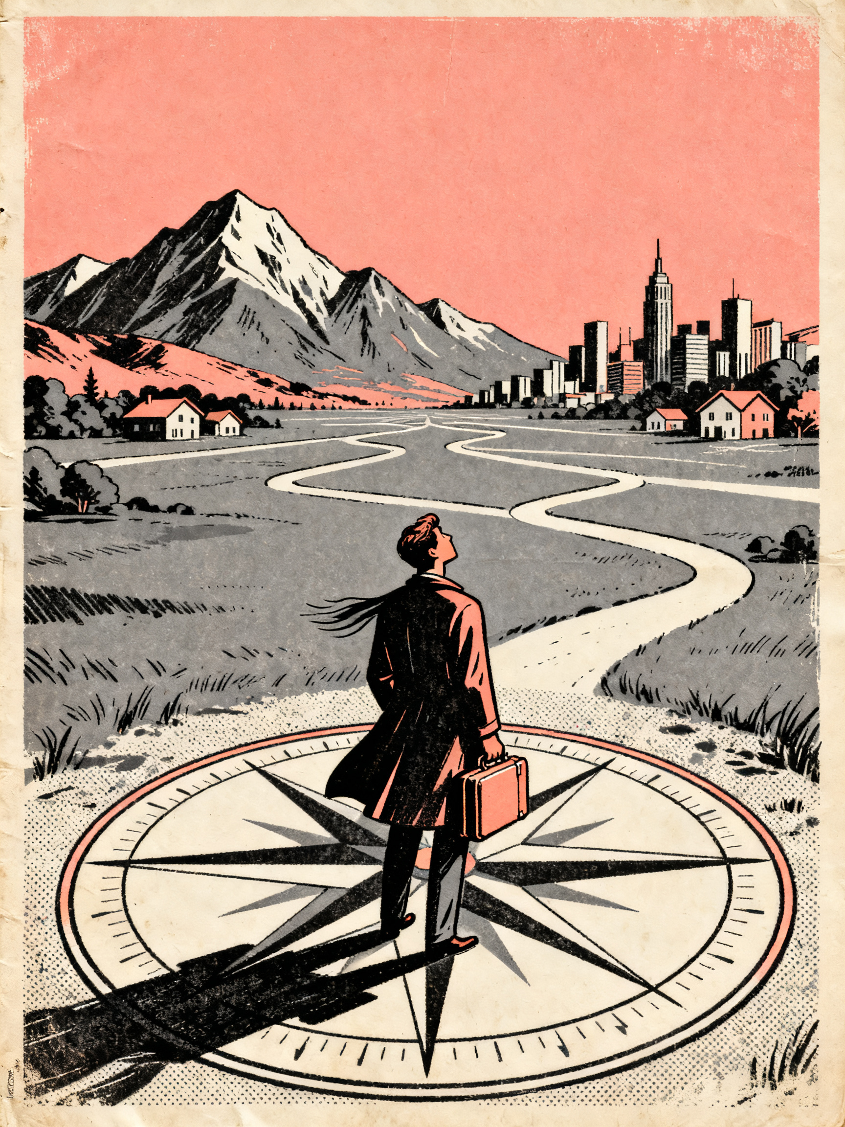 A figure standing before a large compass embedded in the ground, multiple paths radiating outward in