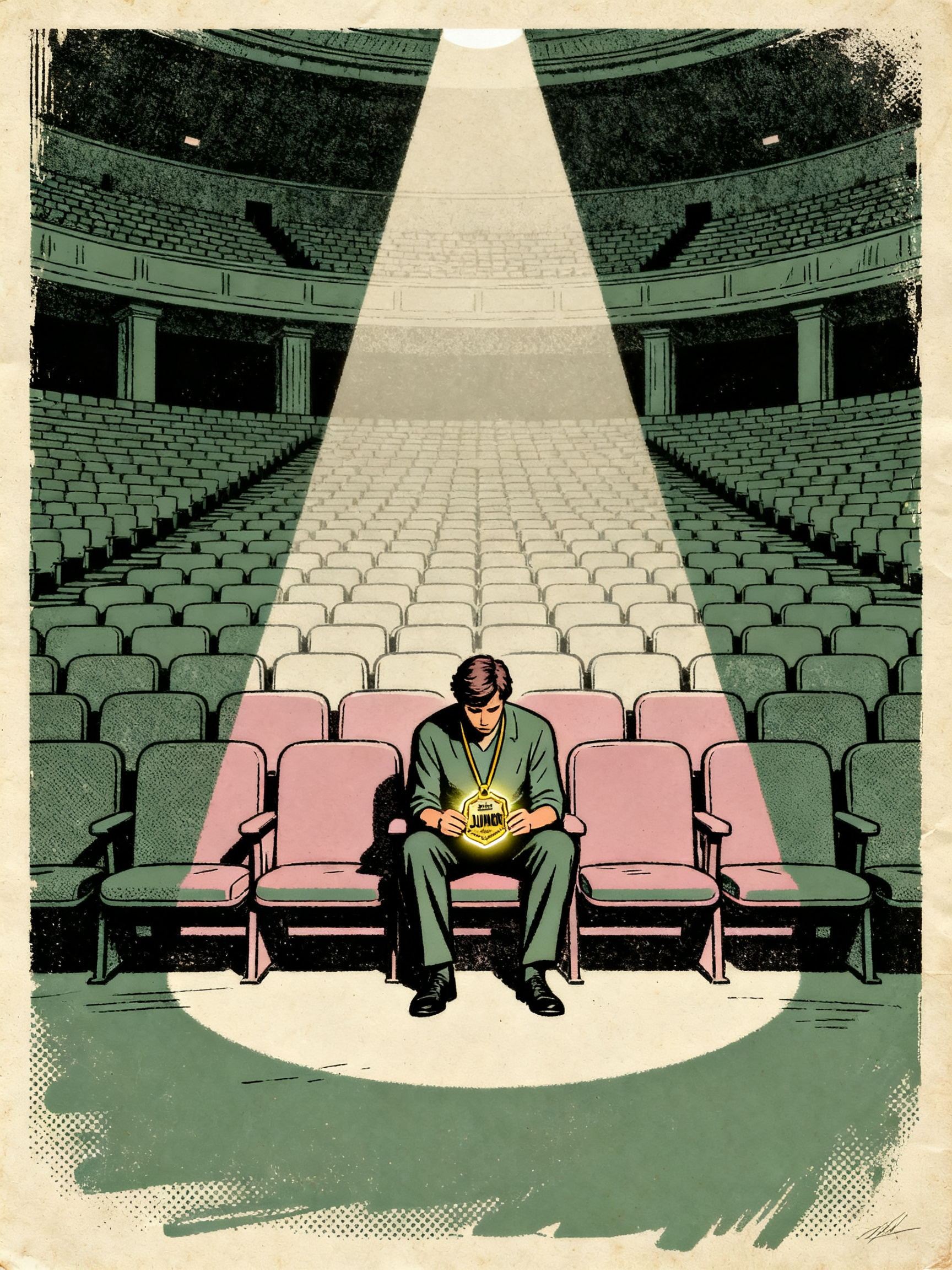 A figure sitting at the center of a vast empty amphitheater, holding a single glowing junior badge, 