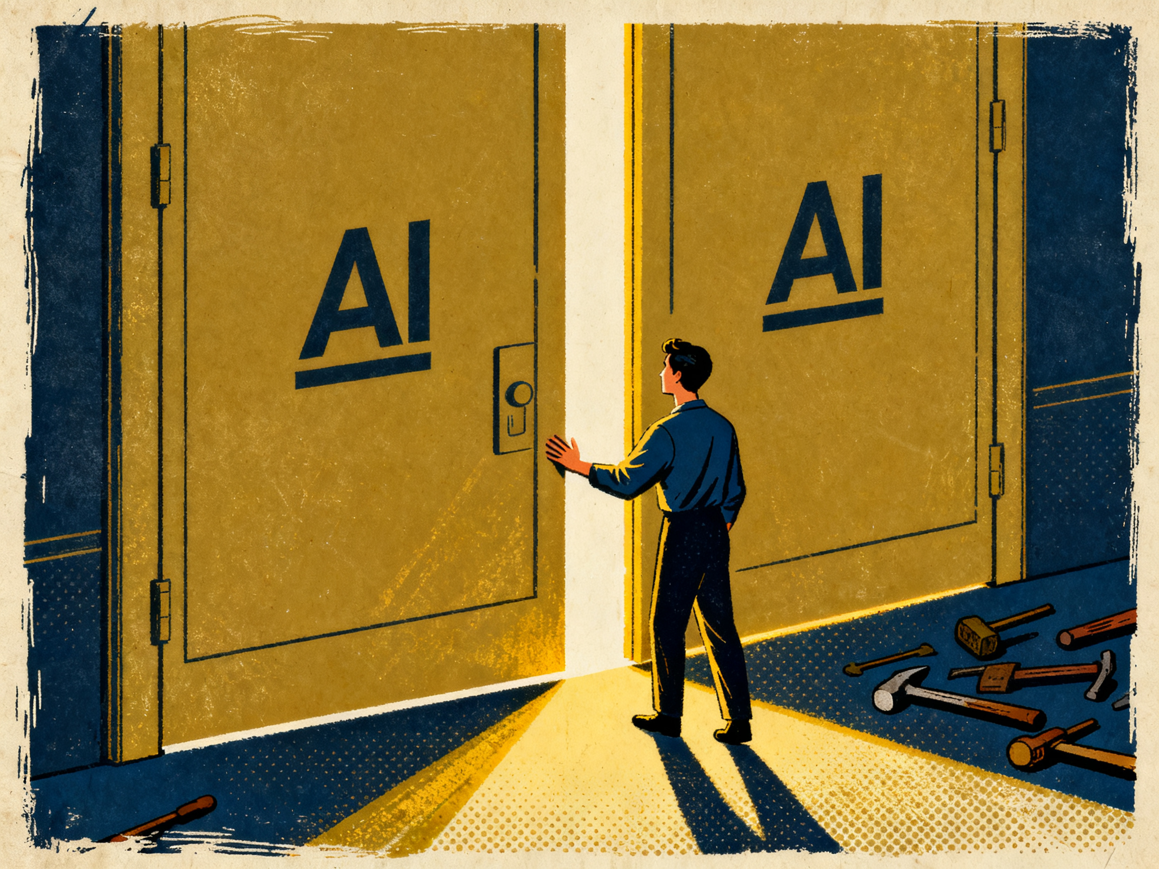 A person opening a massive door labeled with AI symbols, warm golden light pouring through the crack